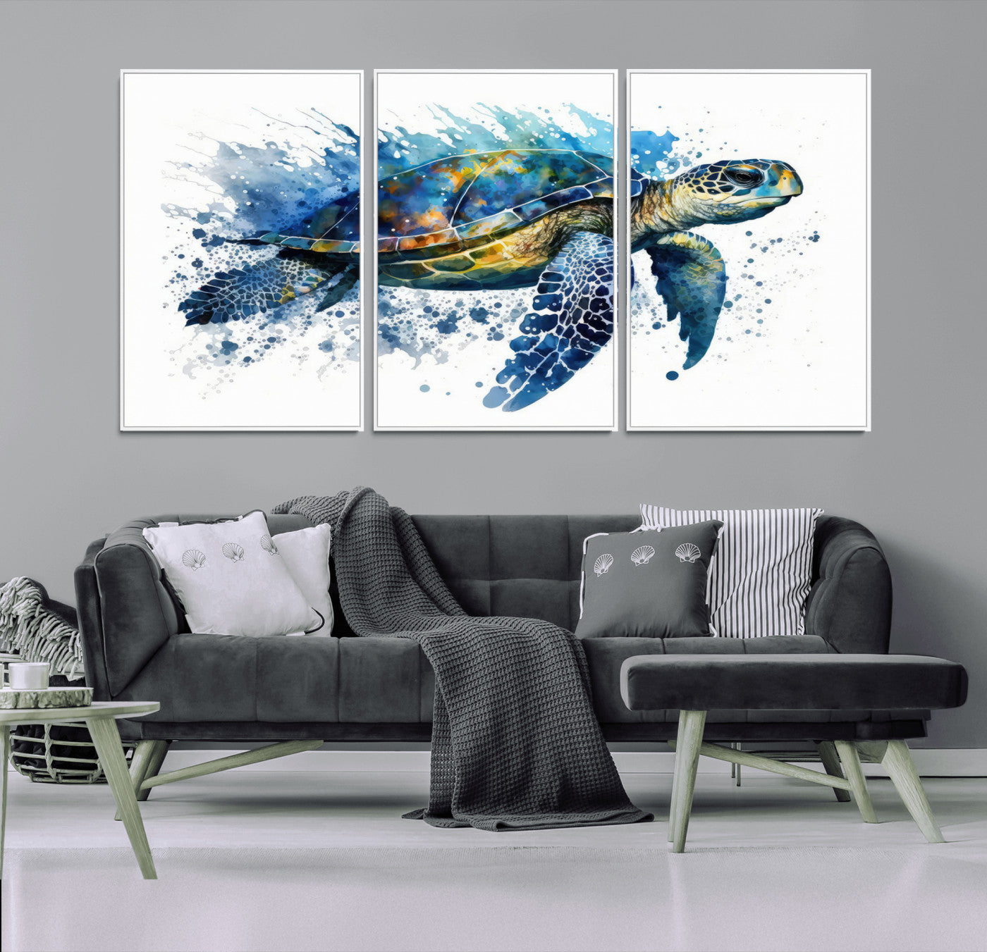 MGV-FC-60X30-3P - Turtle Wall Art Canvas Print, Framed Watercolor Turtle Art Picture Print, Ocean Life Perfect Nautical Decor Artwork