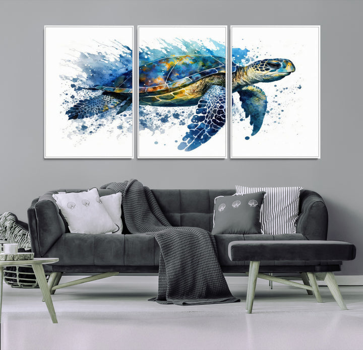 A living room features an eco-friendly inks sea turtle art print from [Keyword] Canvas Wall Art.
