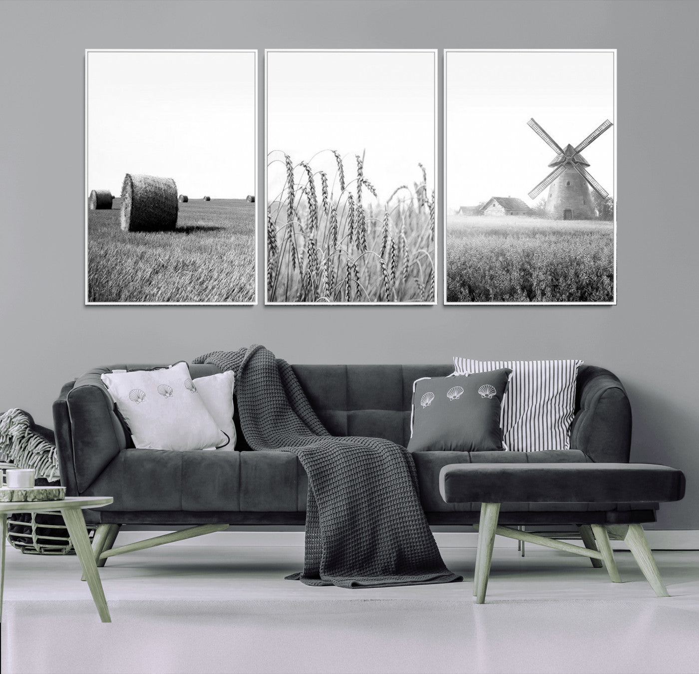 MGV-FC-60X30-3P - Vintage Farmhouse Black and White Triptych Wall Art – Giclee Canvas Featuring Wheat Fields, Hay