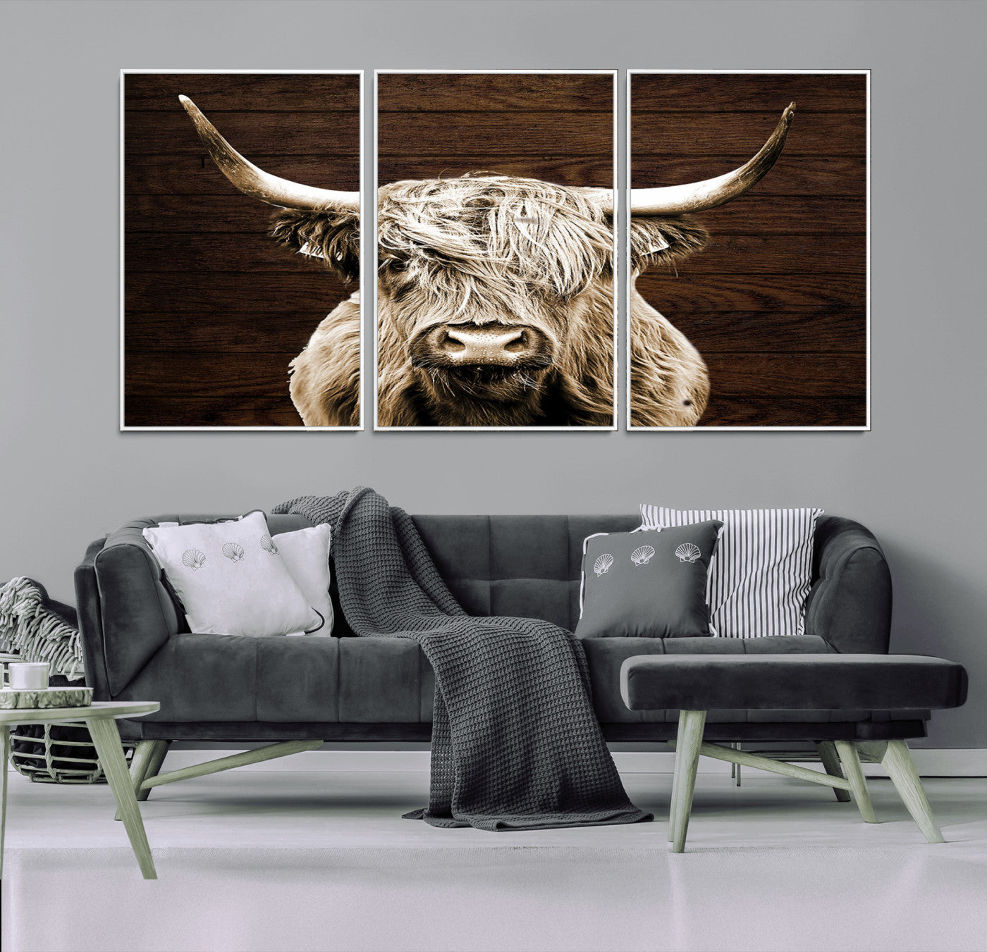 MGV-FC-60X30-3P - Highland Cow Wall Art Canvas Print, Rustic Farmhouse Decor, Majestic Scottish Highland Bull Portrait