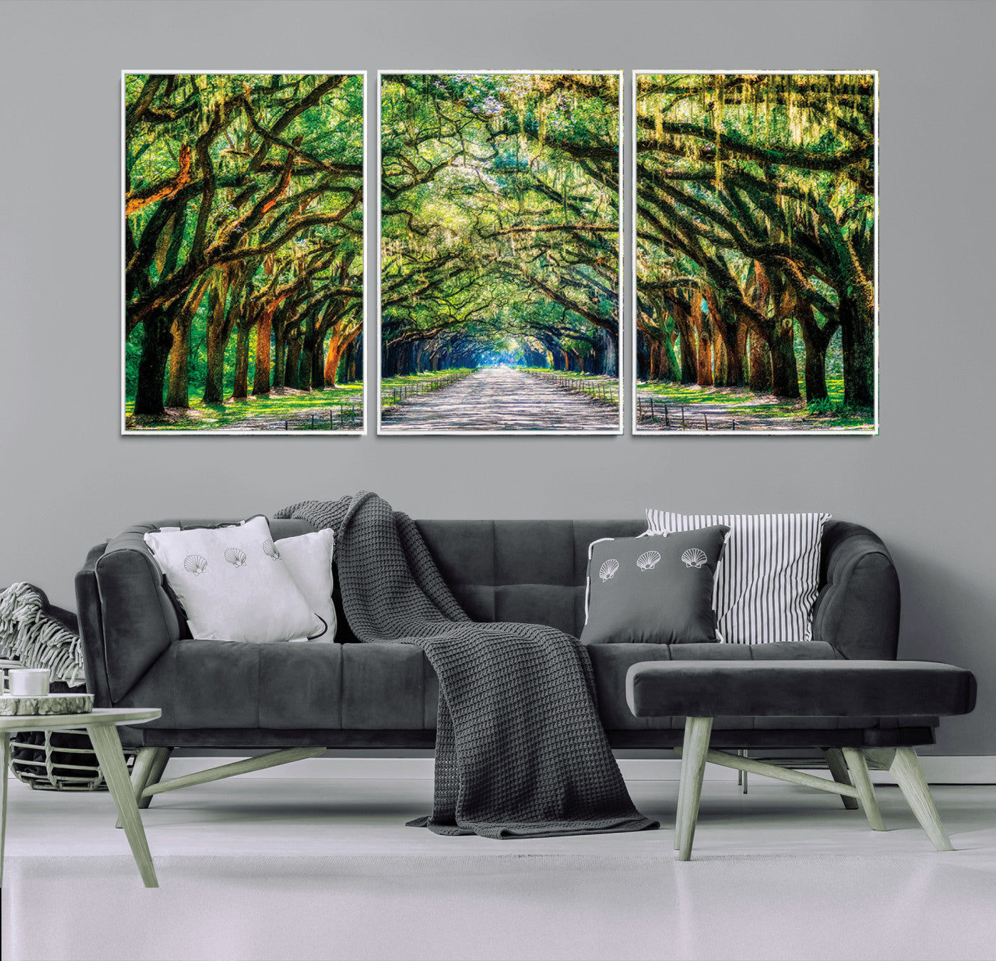 77105-MGV-FC-60X30-3P_White-Serene Tree Tunnel Wall Art Canvas Print – Pathway Under Canopy of Lush Green Trees, Nature-Inspired