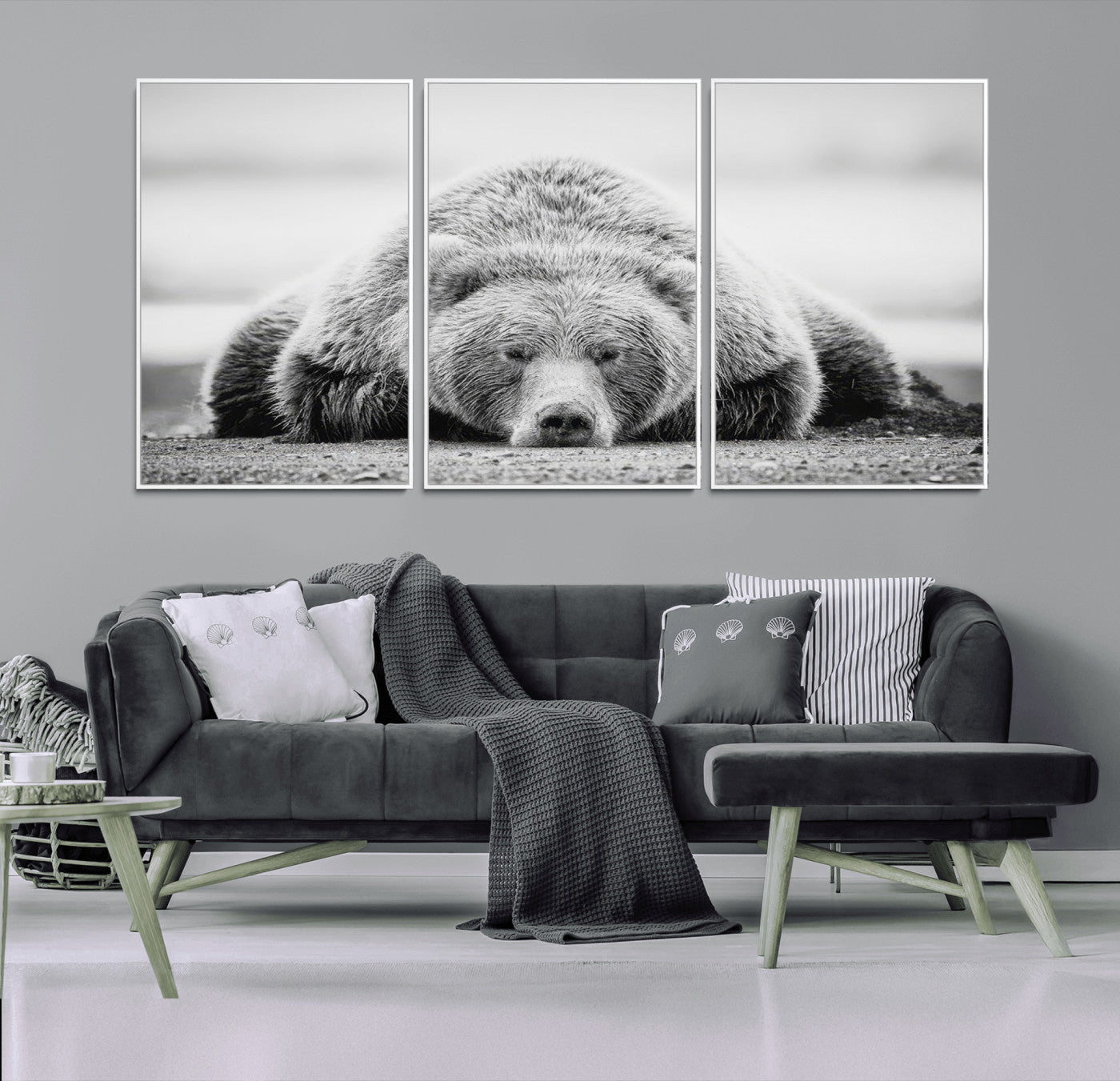 MGV-FC-60X30-3P - Resting Grizzly Bear Wall Art Canvas Print – Majestic Lazy Black and White Wildlife Bear Art,