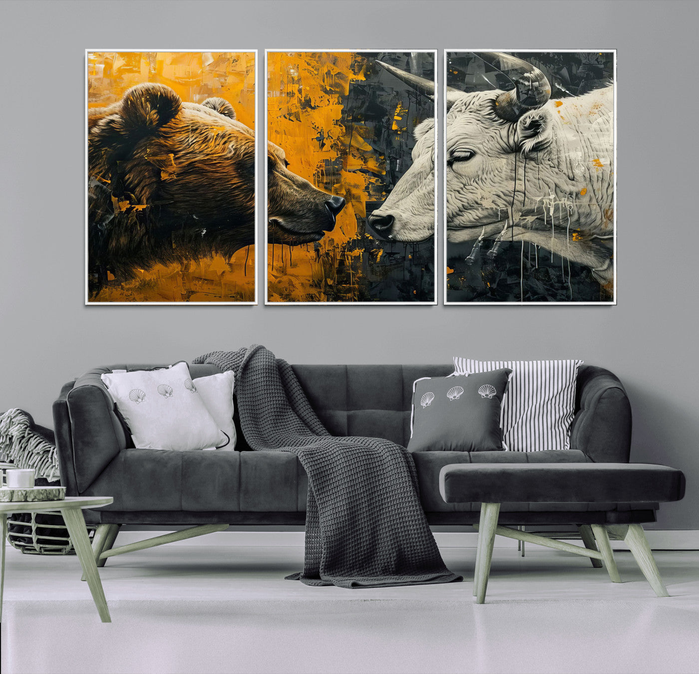 MGV-FC-60X30-3P - Bear and Bull Wall Art Canvas Print – Abstract Animal Portrait Painting for Modern Home Decor –