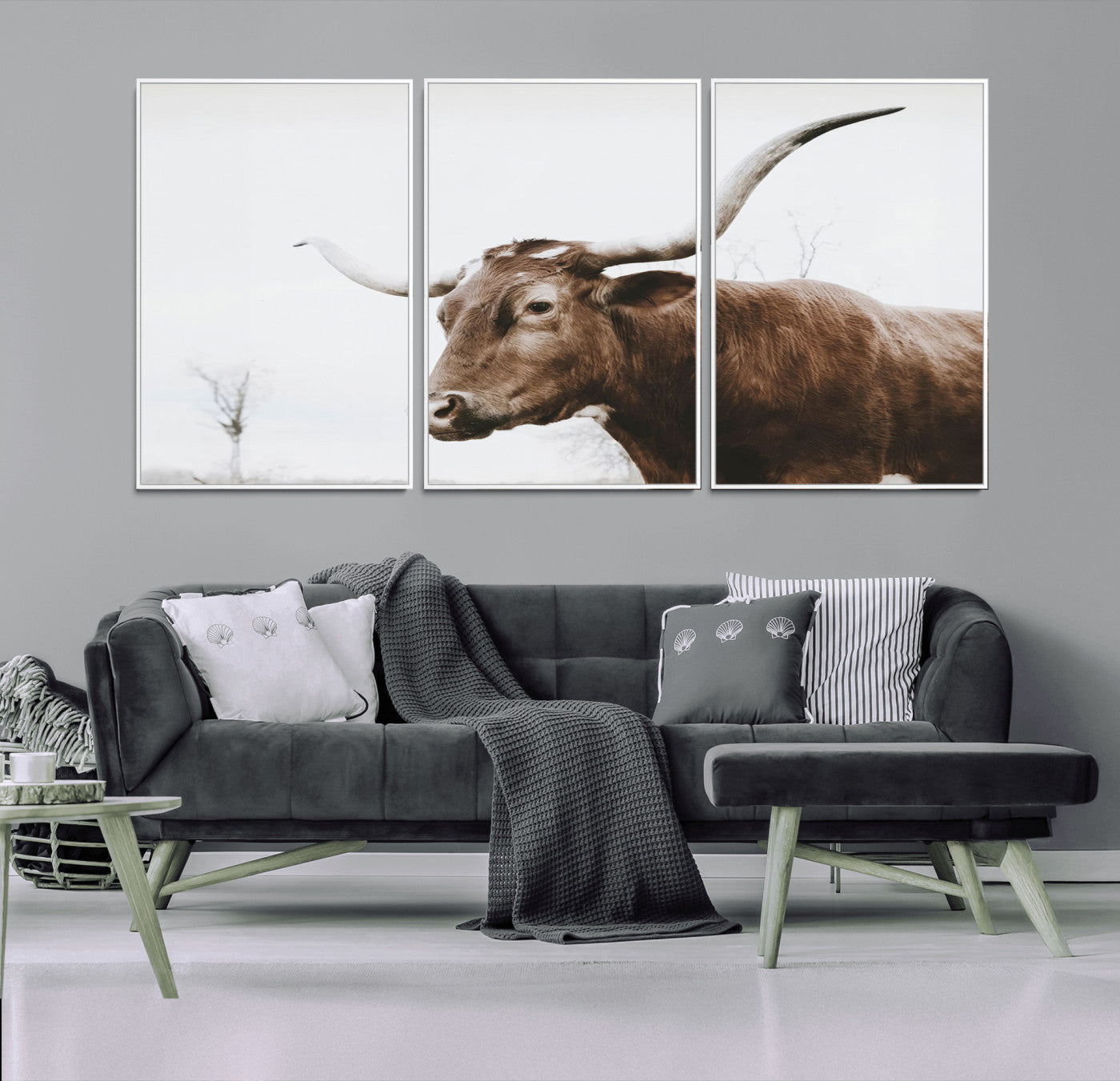MGV-FC-60X30-3P - Rustic Bull Wall Art Canvas Print – Modern Longhorn Farmhouse Animal Decor – Abstract Farm Cow
