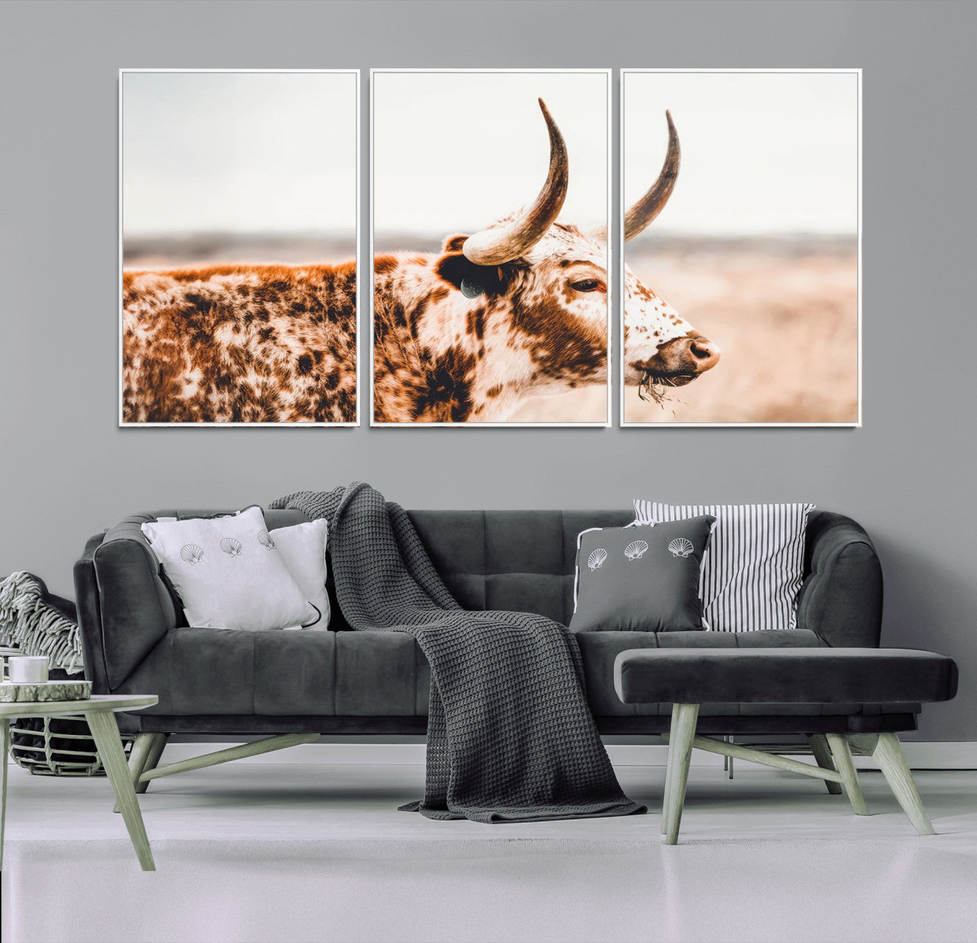 50356-MGV-FC-60X30-3P_White-Speckled Bull Wall Art Canvas Print – Rustic Cow Longhorn Farmhouse Animal Decor – Western Longhorn