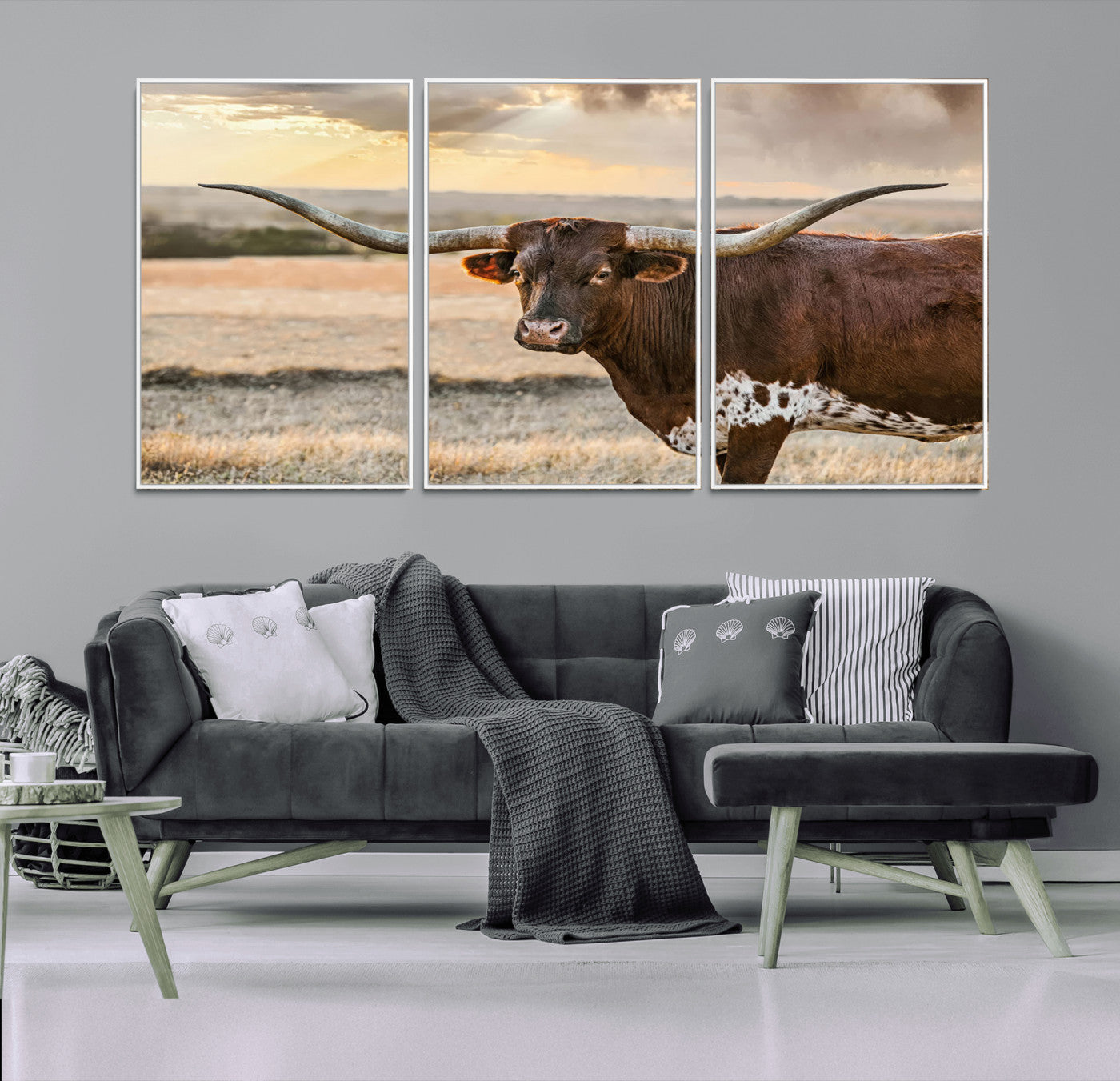 MGV-FC-60X30-3P - Texas Longhorn Wall Art Canvas Print, Rustic Ranch Decor, Majestic Western Longhorn Cattle