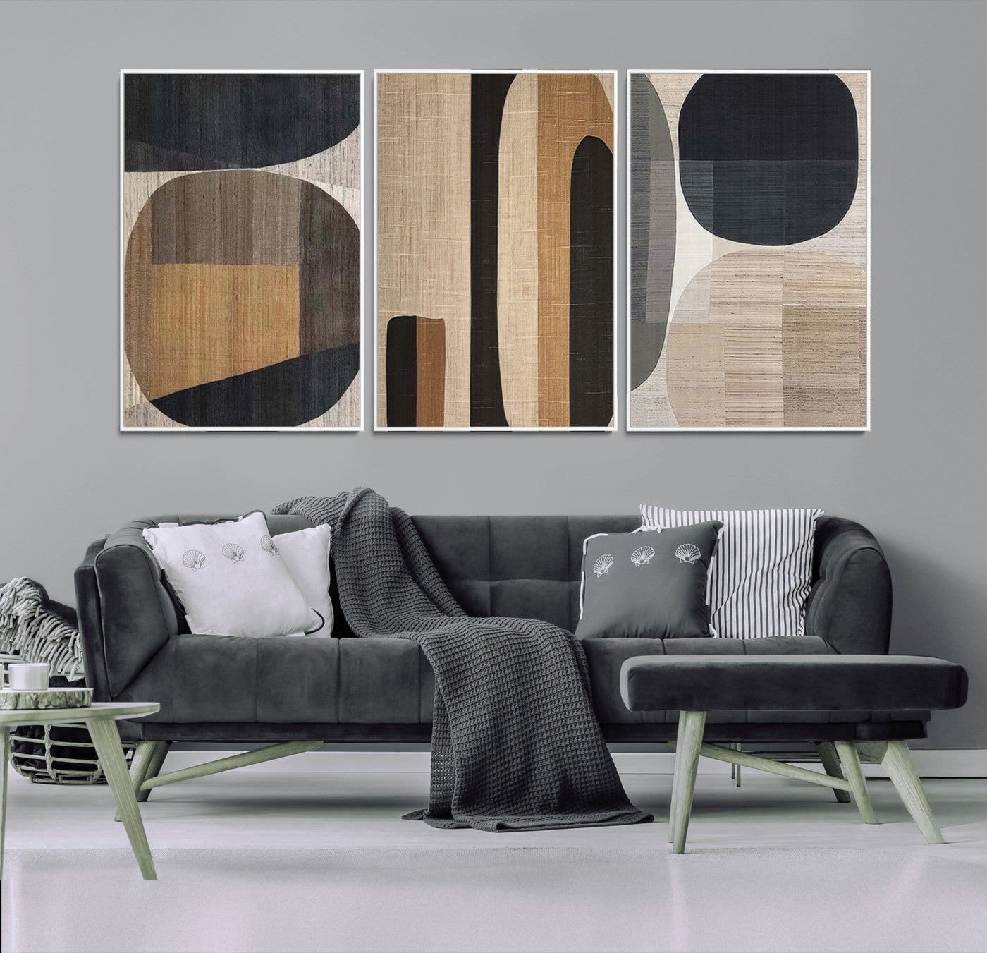 MGV-FC-60X30-3P - Abstract Minimalist Canvas Wall Art - Neutral Geometric Modern Boho Decor, Minimalist Brown Wabi