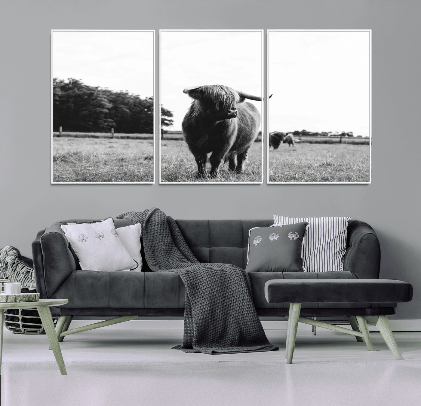 MGV-FC-60X30-3P - Black and White Highland Cow Wall Art Canvas Print | Rustic Western Decor for Living Room or Office,