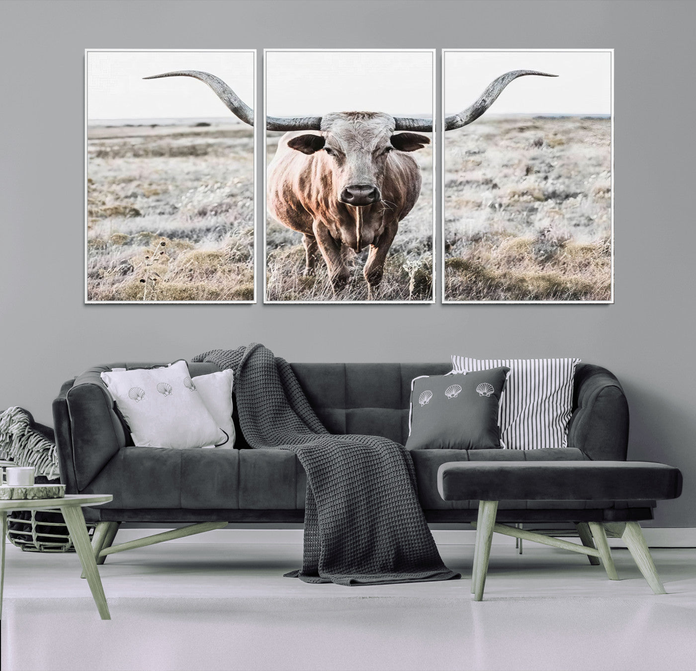 26121-MGV-FC-60X30-3P_White-Rustic Texas Longhorn Wall Art Canvas Print | Western Farmhouse Decor for Living Room or Office,