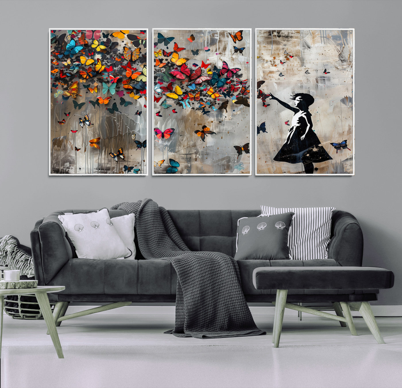 MGV-FC-60X30-3P - Banksy Wall Art - Banksy Girl and Butterfly Explosion Wall Art Canvas Print | Girl with Butterflies