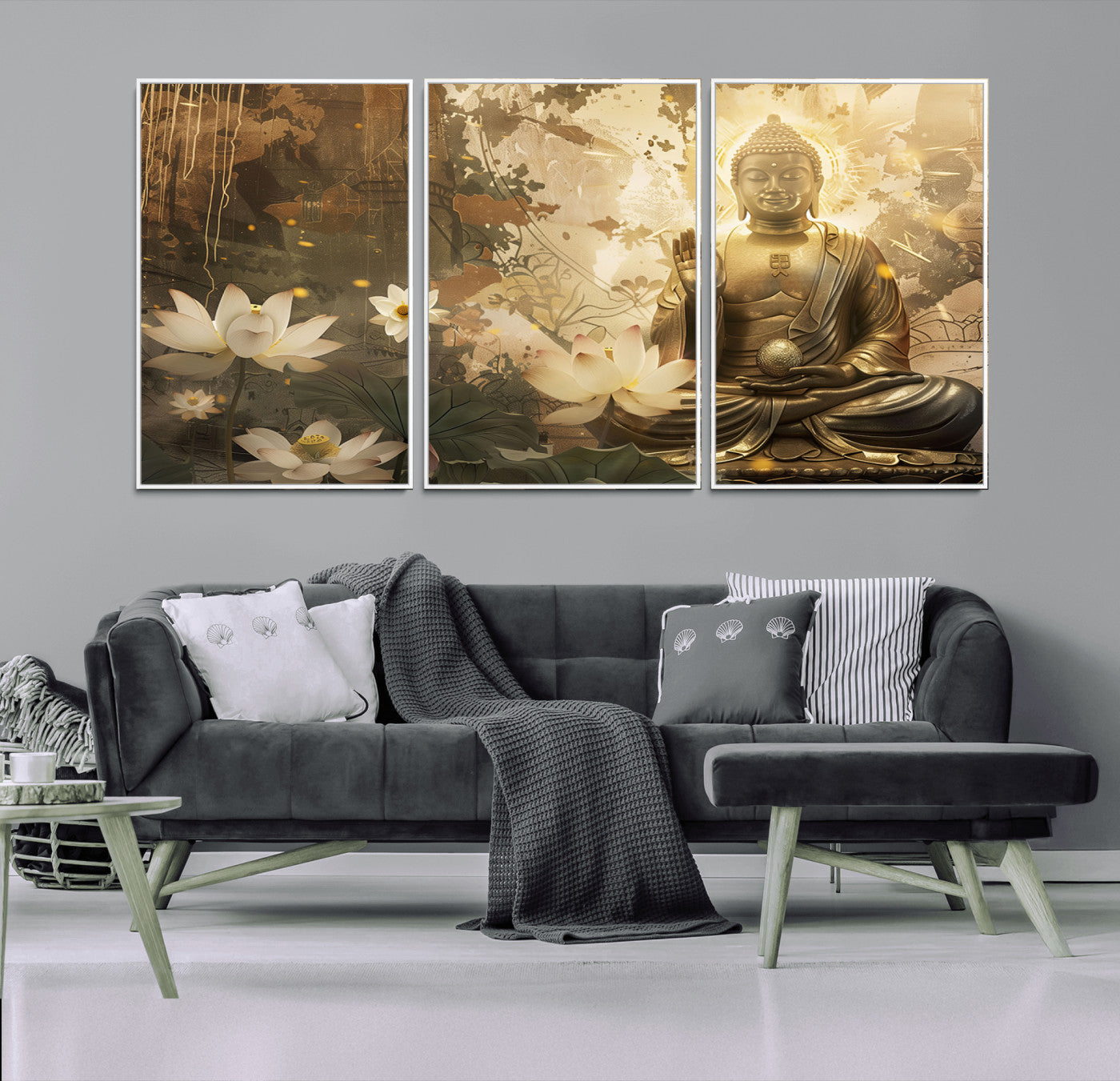MGV-FC-60X30-3P - Zen Buddha Wall Art Canvas Print | Peaceful Meditation Decor with Lotus Flowers | Spiritual Serenity