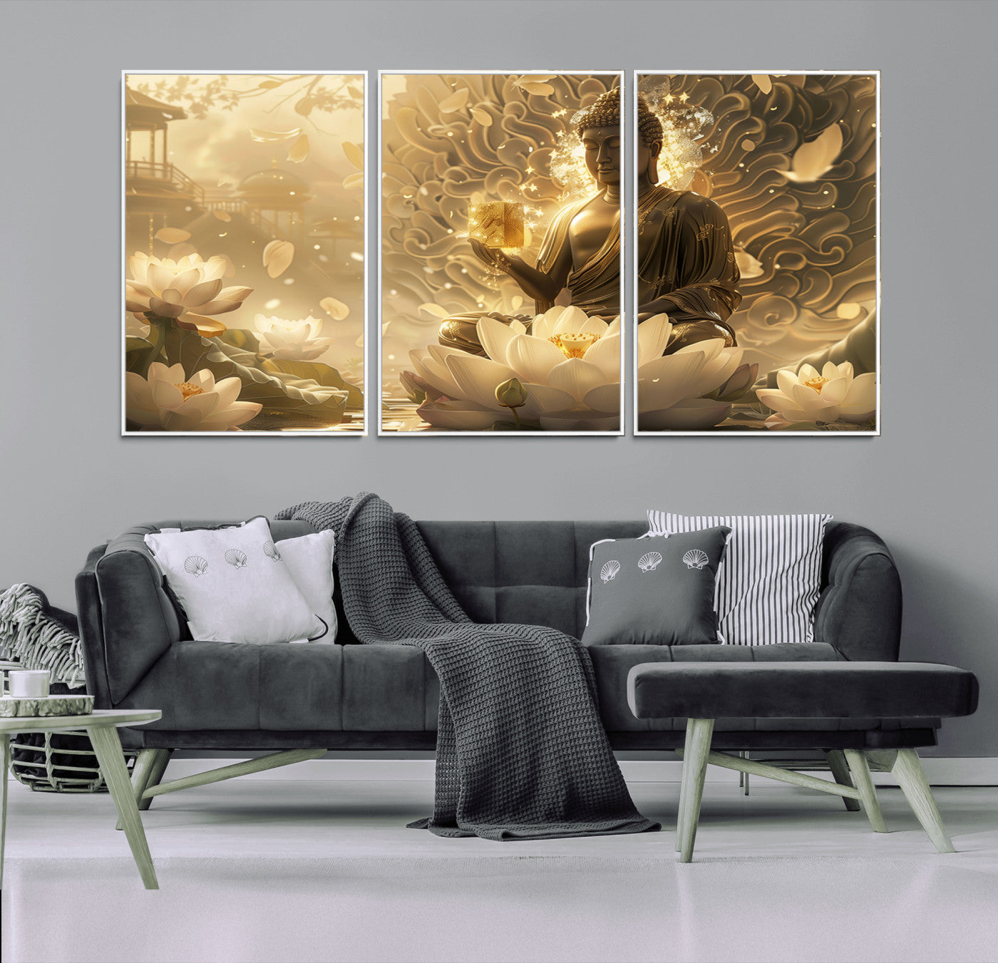 MGV-FC-60X30-3P - Golden Buddha Wall Art | Yoga Room Decor and Meditation Room Wall Art | Framed and Ready to Hang