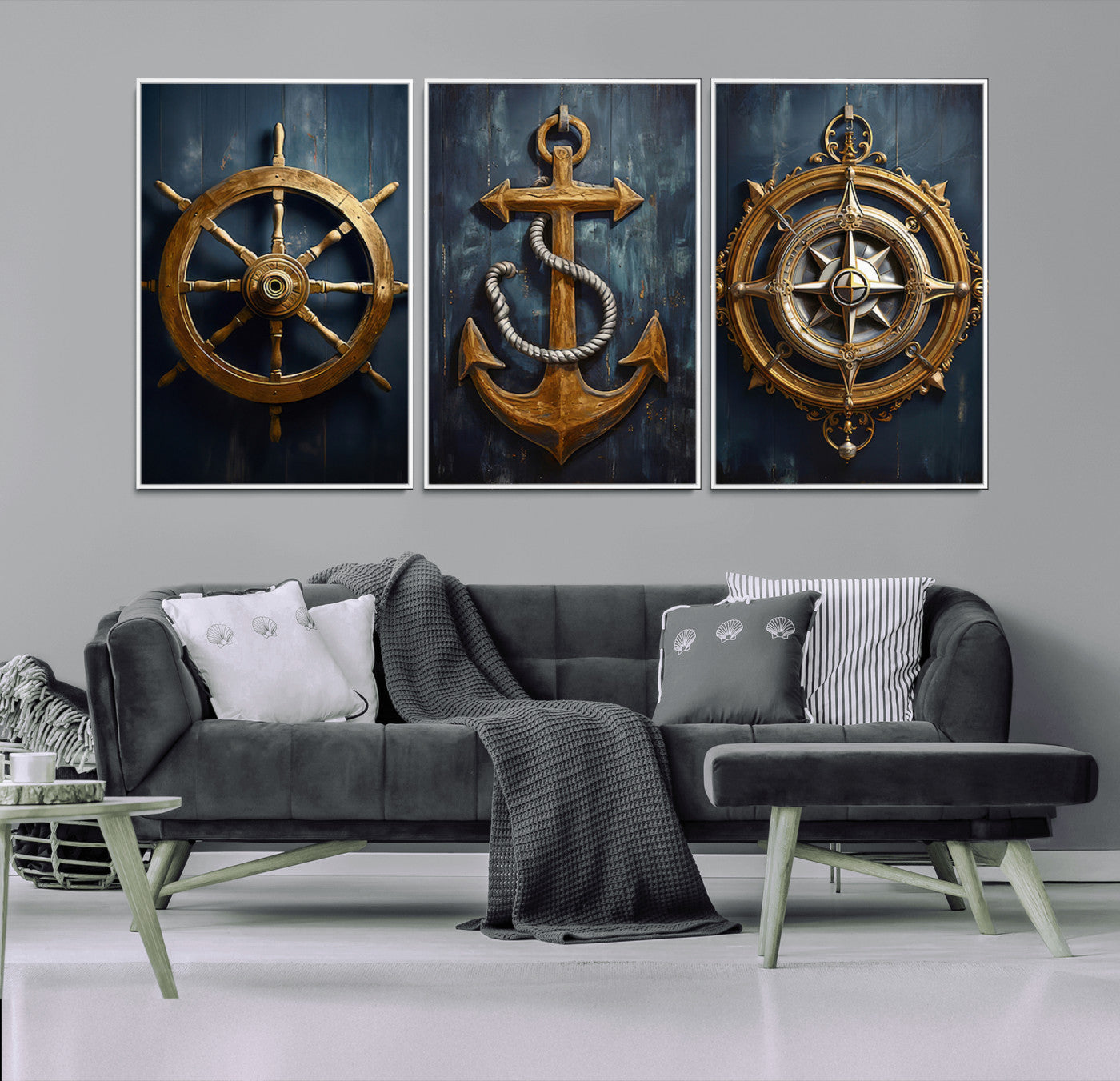 MGV-FC-60X30-3P - Boat Anchor Compass With Rope Wall Art Canvas Print | Beach House Wall Art