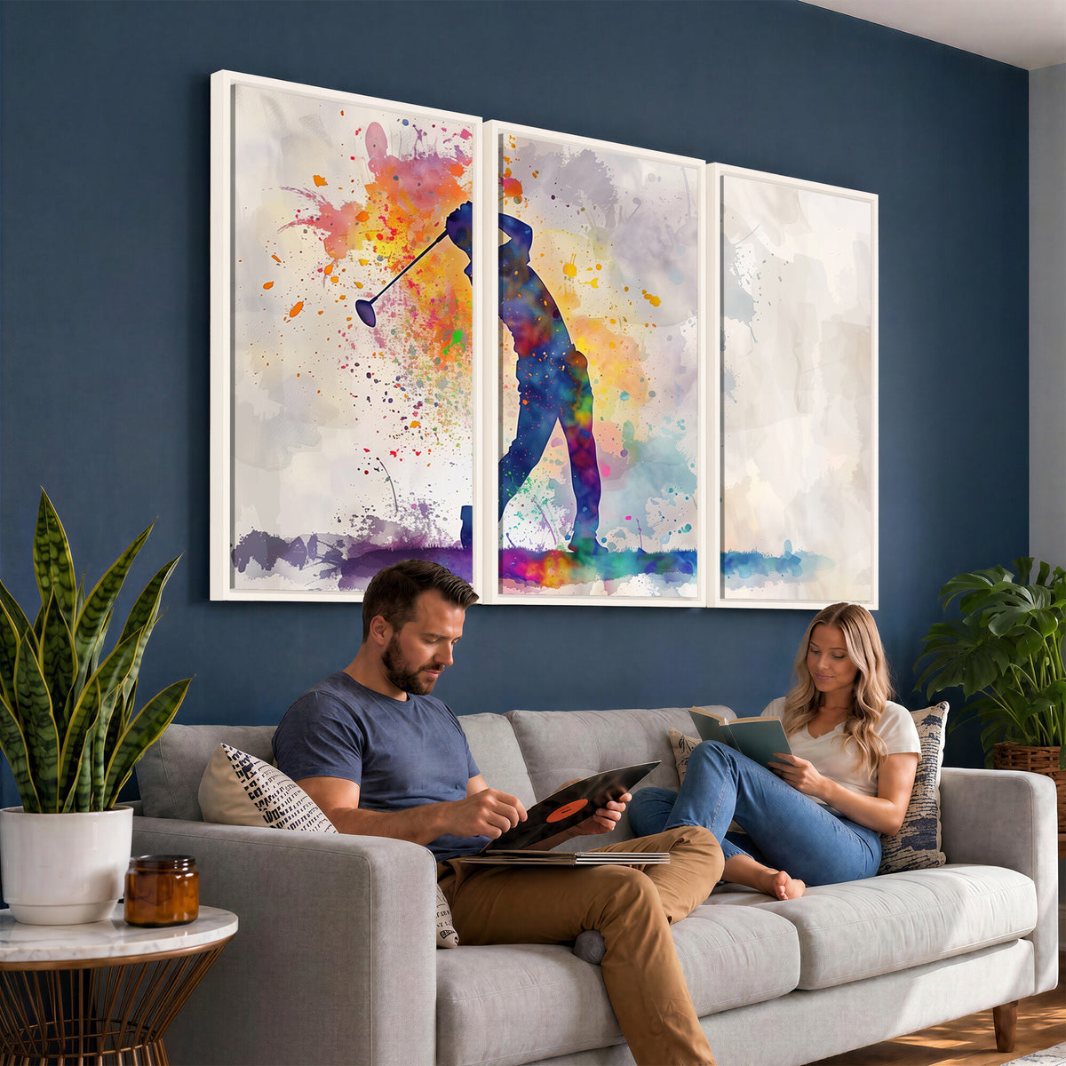 89625-MGV-CV-36X24 - Vibrant Watercolor Golf Swing Wall Art Canvas Print | Extra Large 3 Piece Canvas Wall Art