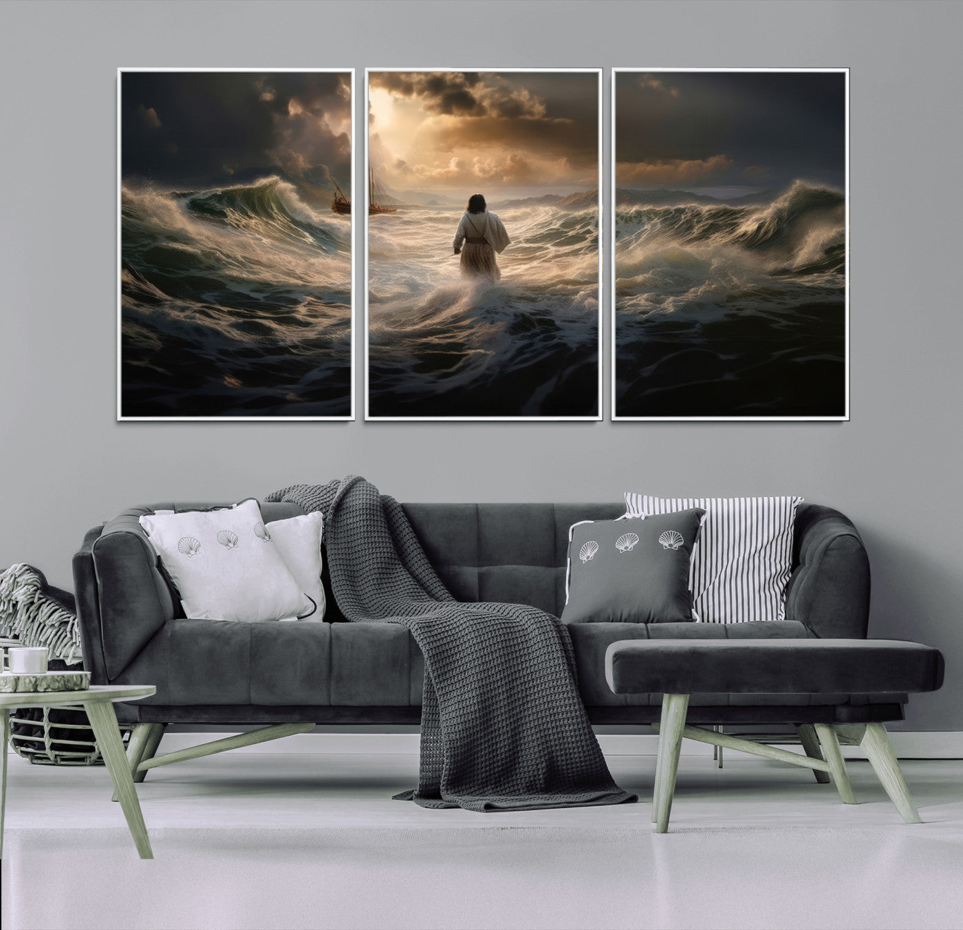 MGV-FC-60X30-3P - Jesus Walking on Water Wall Art Canvas Print - Religious Spiritual Decor - Jesus Wall Art Canvas
