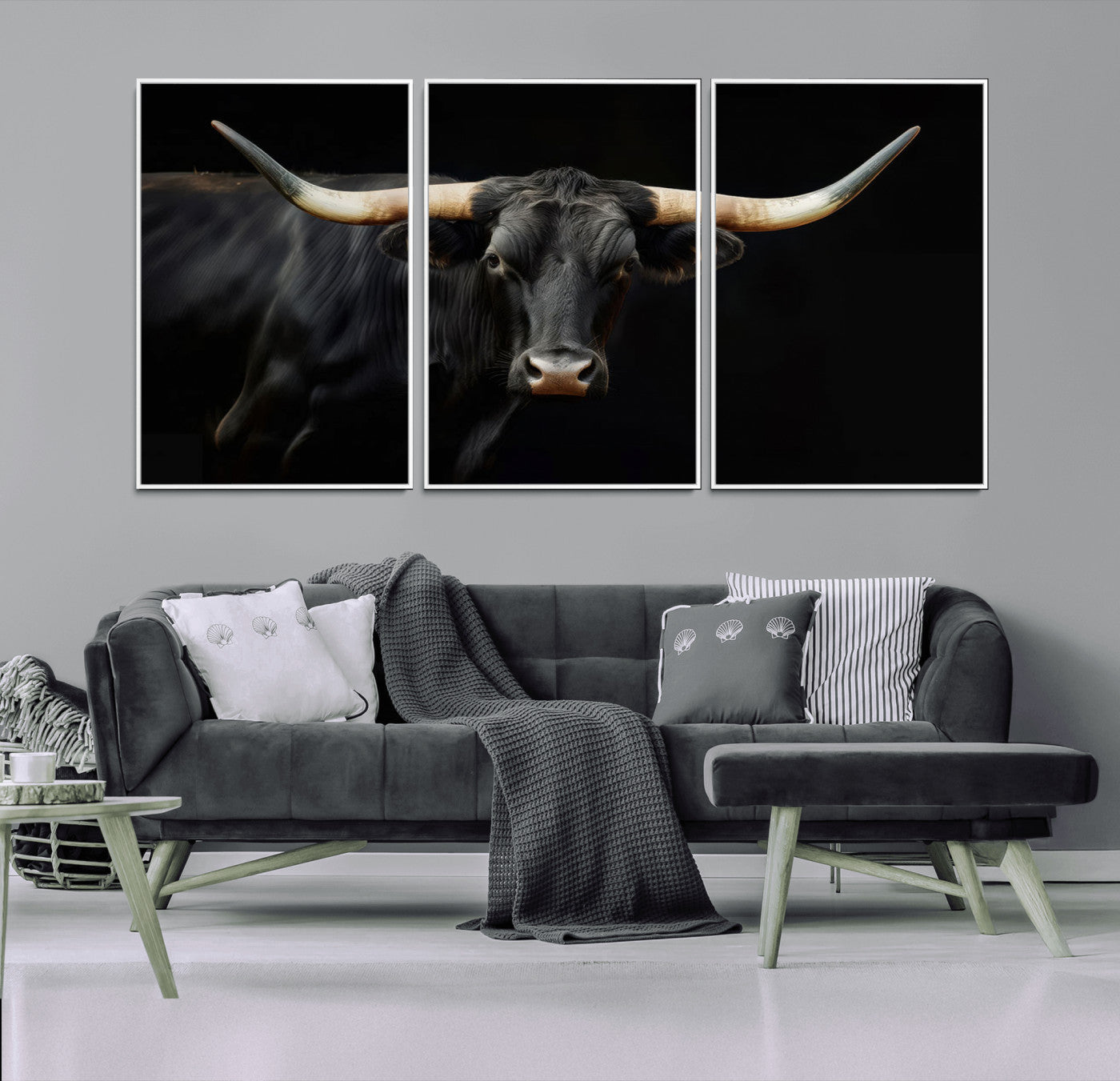 MGV-FC-60X30-3P - Texas Longhorn Cow | Majestic Black Bull Wall Art Canvas Print - Farmhouse Animal Decor - Ready to