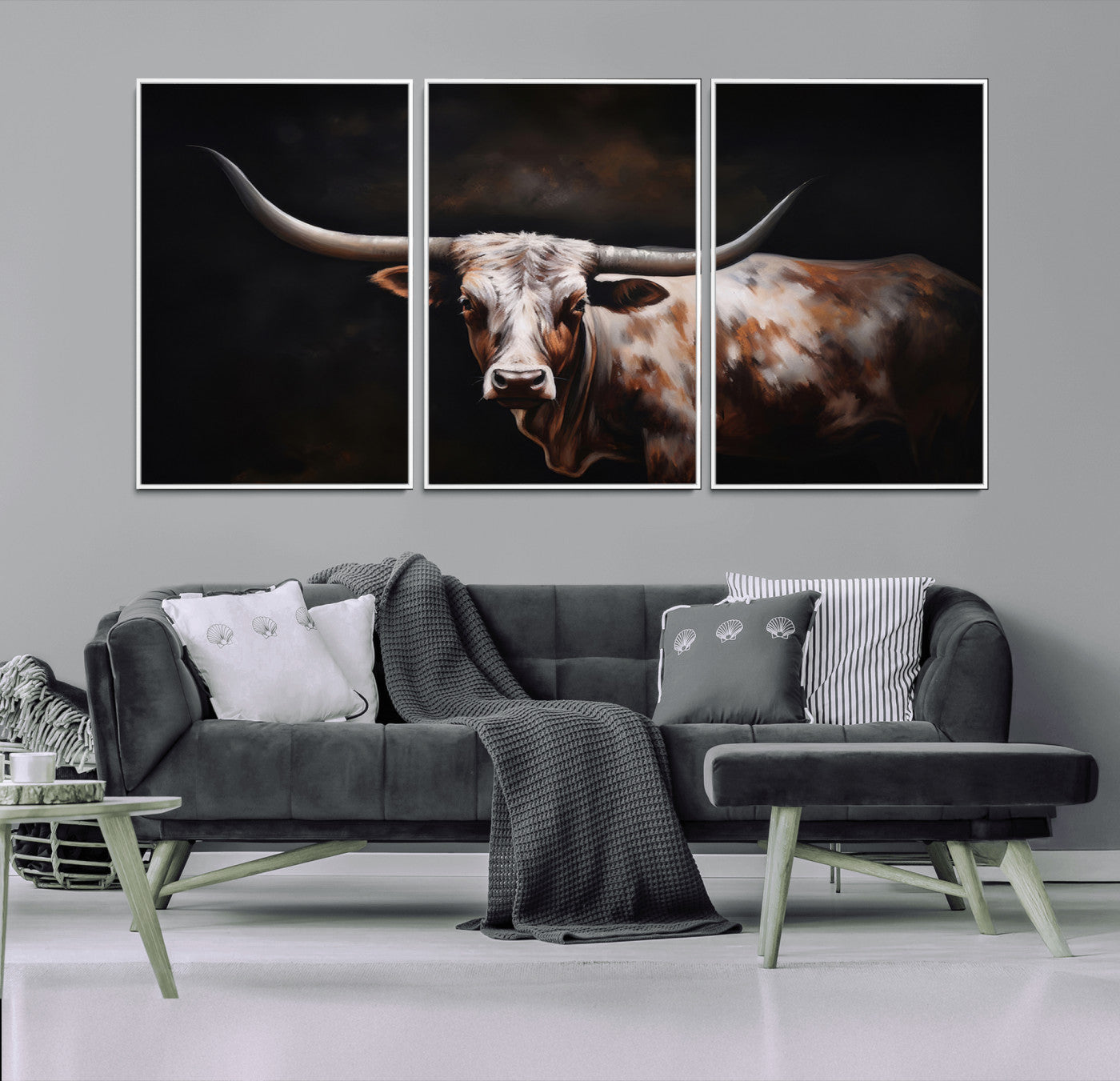 MGV-FC-60X30-3P - Texas Longhorn Wall Art Canvas Print | Western Ranch Decor | Bold Rustic Cattle Artwork | Ready to