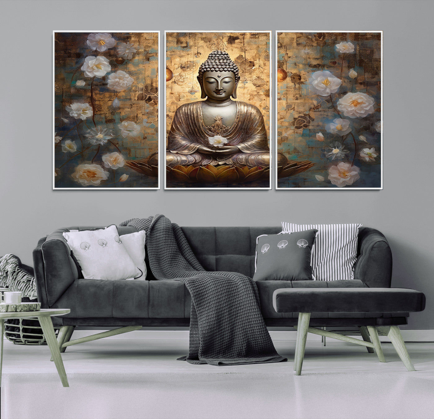 MGV-FC-60X30-3P - Golden Buddha Wall Art Canvas Print | Zen Meditation Floral Decor | Tranquil Spiritual Home Art |