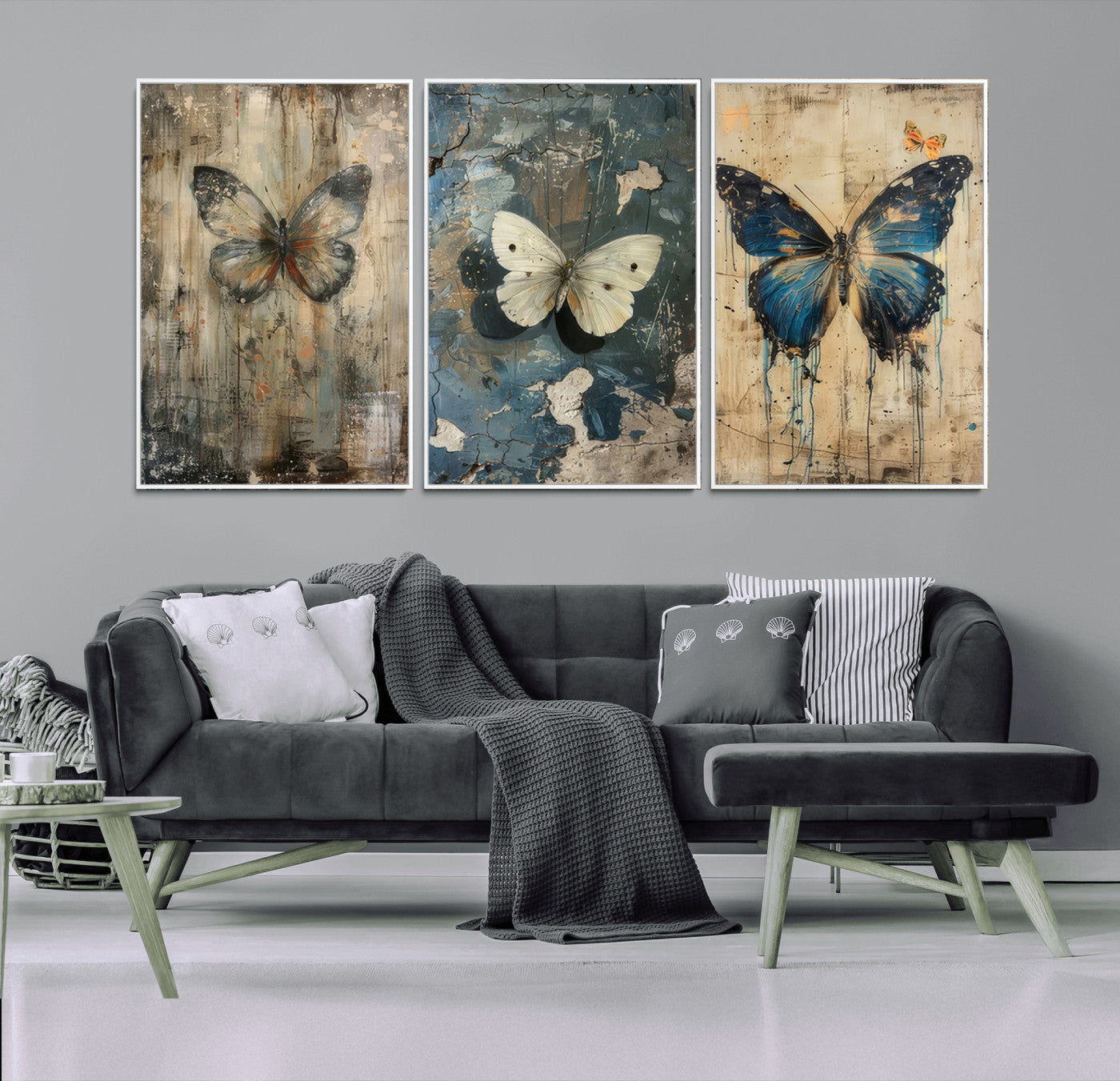 15201-MGV-FC-60X30-3P_White-Butterfly Wall Art Trio | Vintage Butterfly Canvas Print | Ready to Hang Framed Artwork for