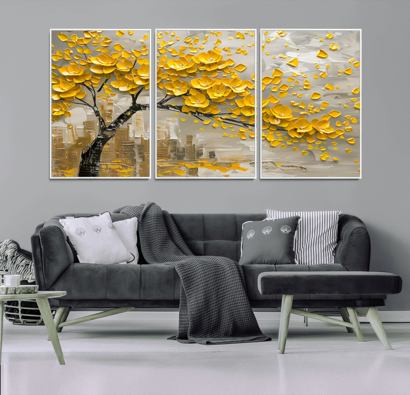MGV-FC-60X30-3P - Yellow Blossom Tree Canvas Wall Art - Floral Abstract Modern Contemporary Artwork for Living Room or