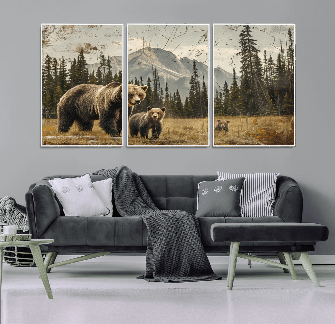 MGV-FC-60X30-3P - Rustic Grizzly 399 Bear Family Wall Art Canvas Print