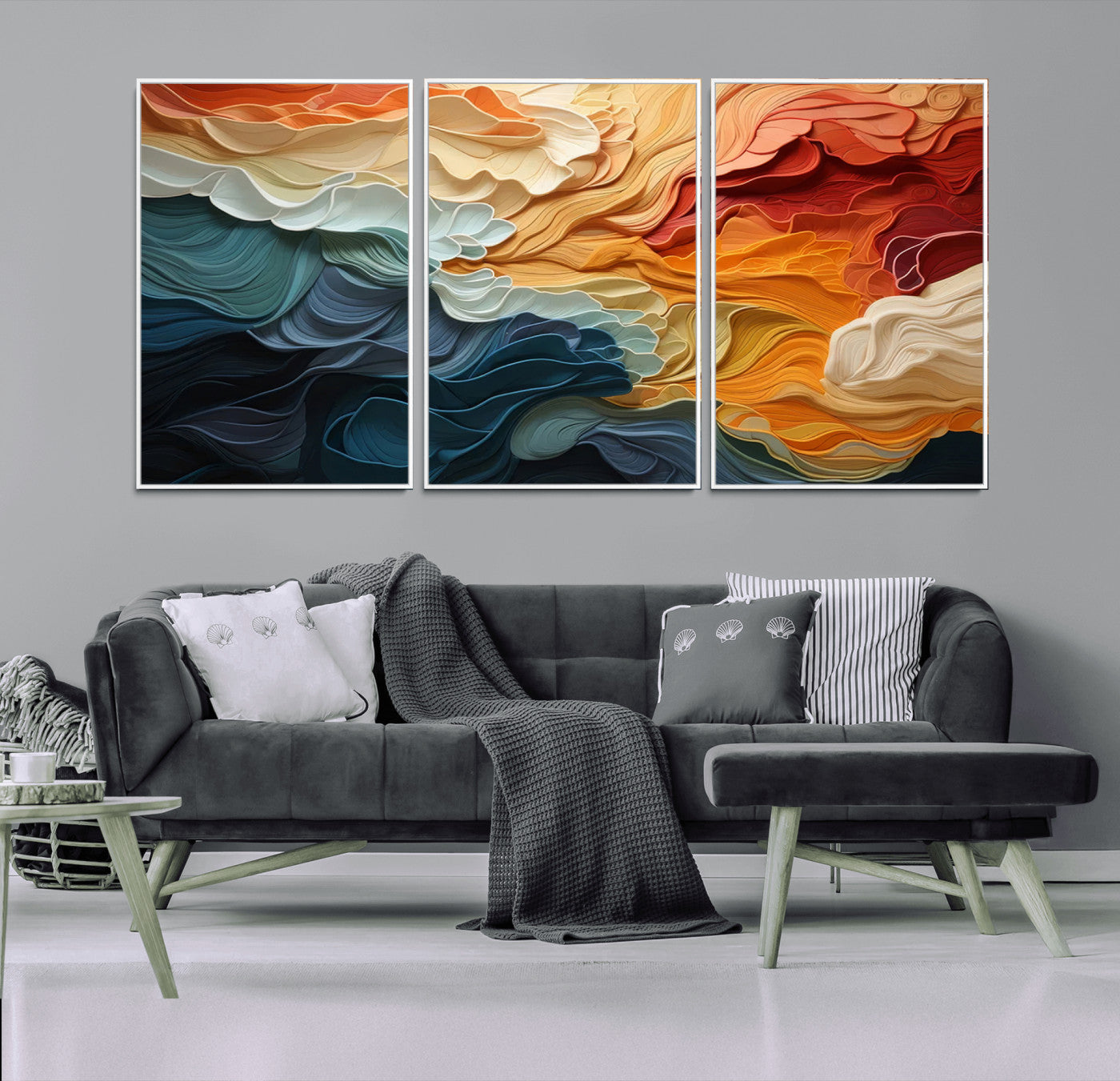 MGV-FC-60X30-3P - Blue Orange Abstract Wave Wall Art Canvas Print, Framed Blue Orange Wave Wall Art