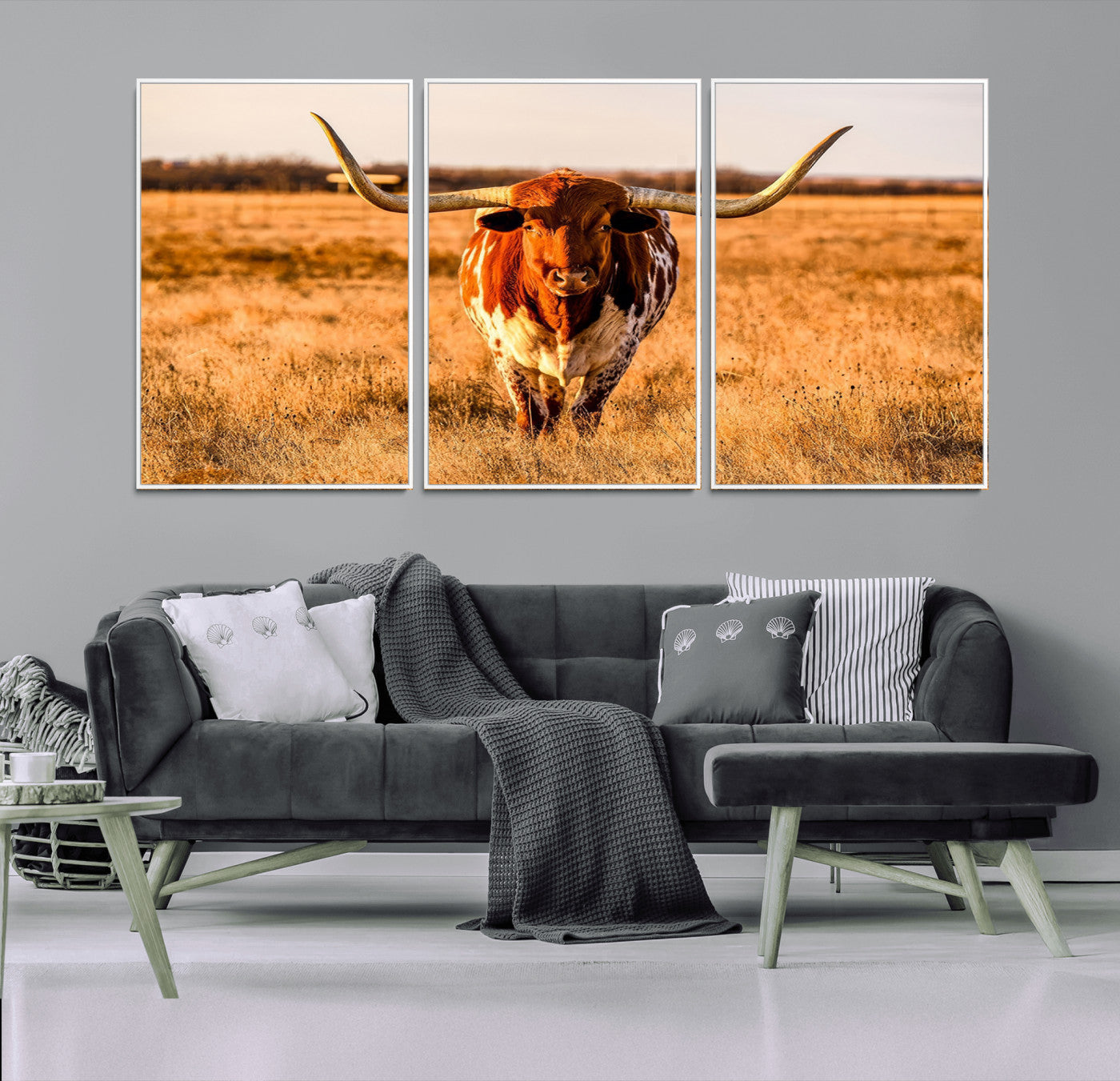 MGV-FC-60X30-3P - Longhorn Cow Wall Art | Ready to Hang Framed Canvas Print for Farmhouse and Barn Decor