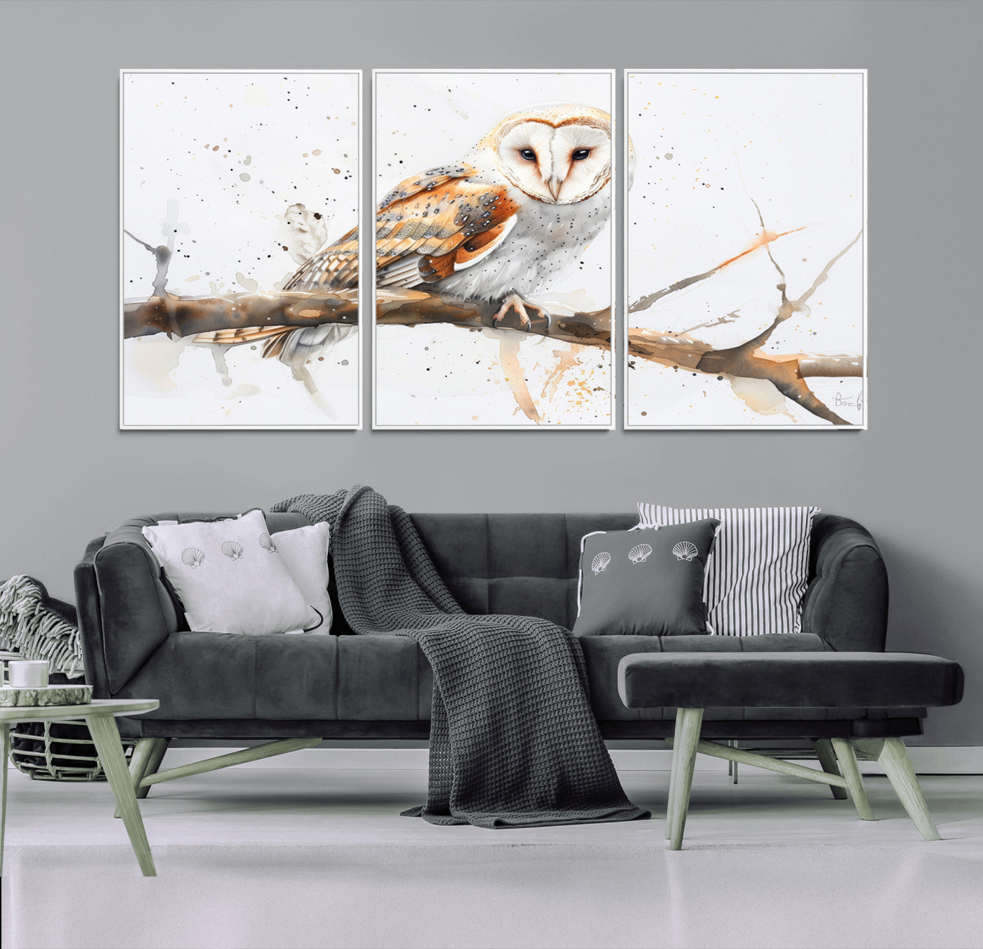 MGV-FC-60X30-3P - Barn Owl Wall Art on Branch | Stunning Canvas Print for Nature Lovers | Ready to Hang and Framed