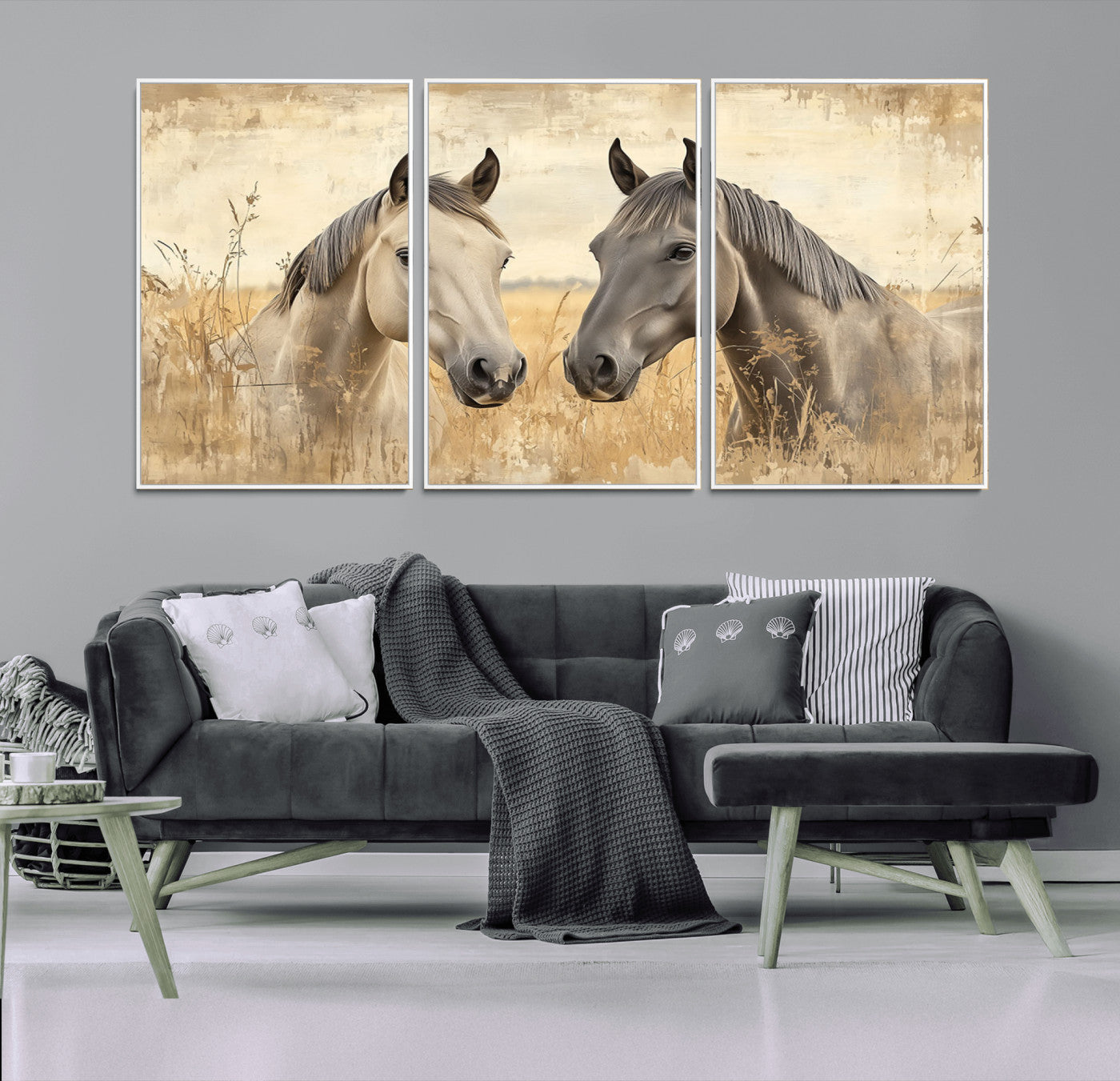 41082-MGV-FC-60X30-3P_White-Chines Ink Style Grunge Horses Wall Art Canvas Print