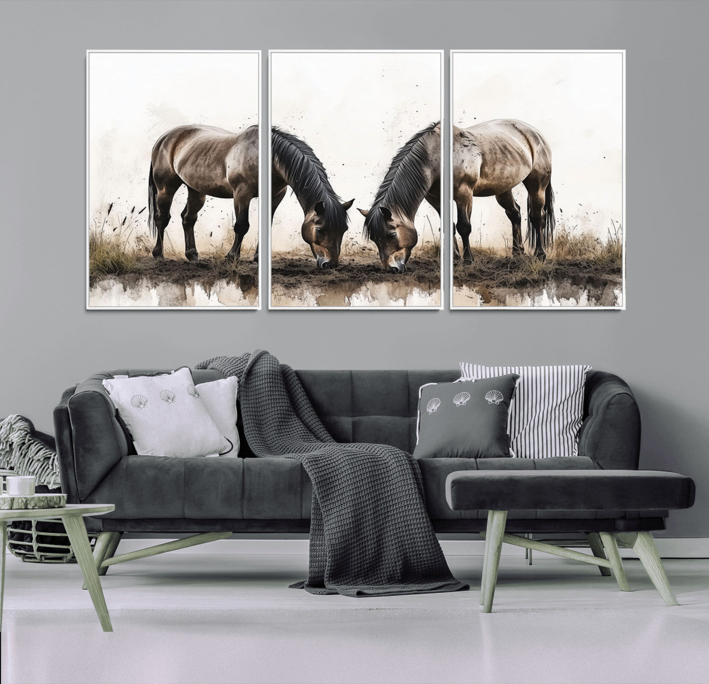 71729-MGV-FC-60X30-3P_White-Chines Ink Style Horses Wall Art Canvas Print
