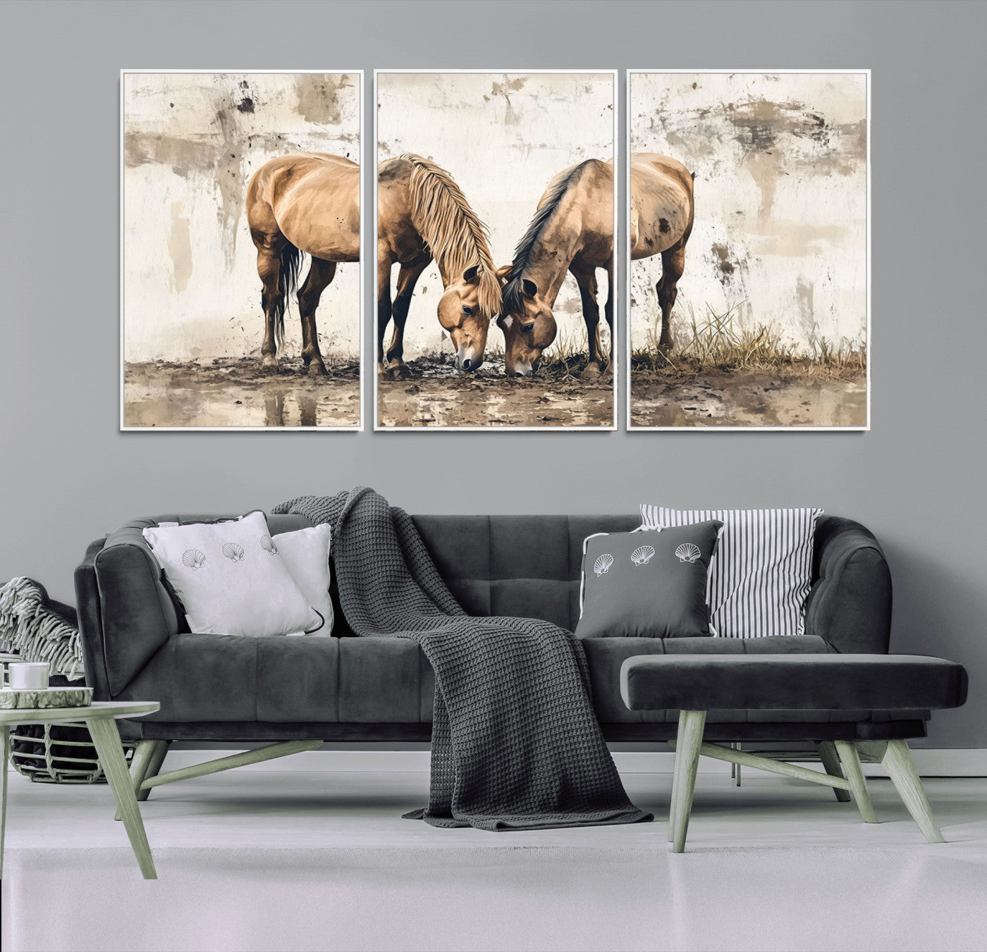 44742-MGV-CV-36X24-Vintage Horses Wall Art | Ready to Hang and Framed Triptych | Western Farmhouse Wall Decor for