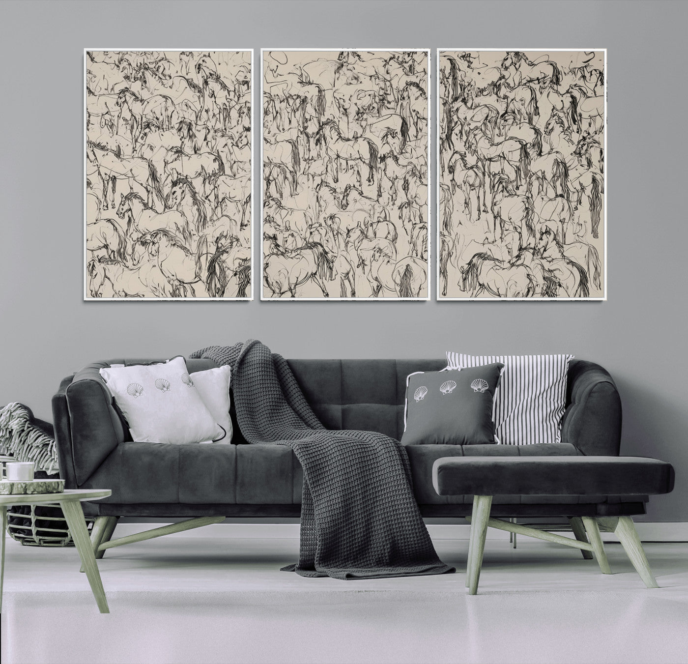 MGV-FC-60X30-3P - Abstract Horse Sketch Wall Art | Ready to Hang and Framed | Farmhouse Wall Decor for Living Room or