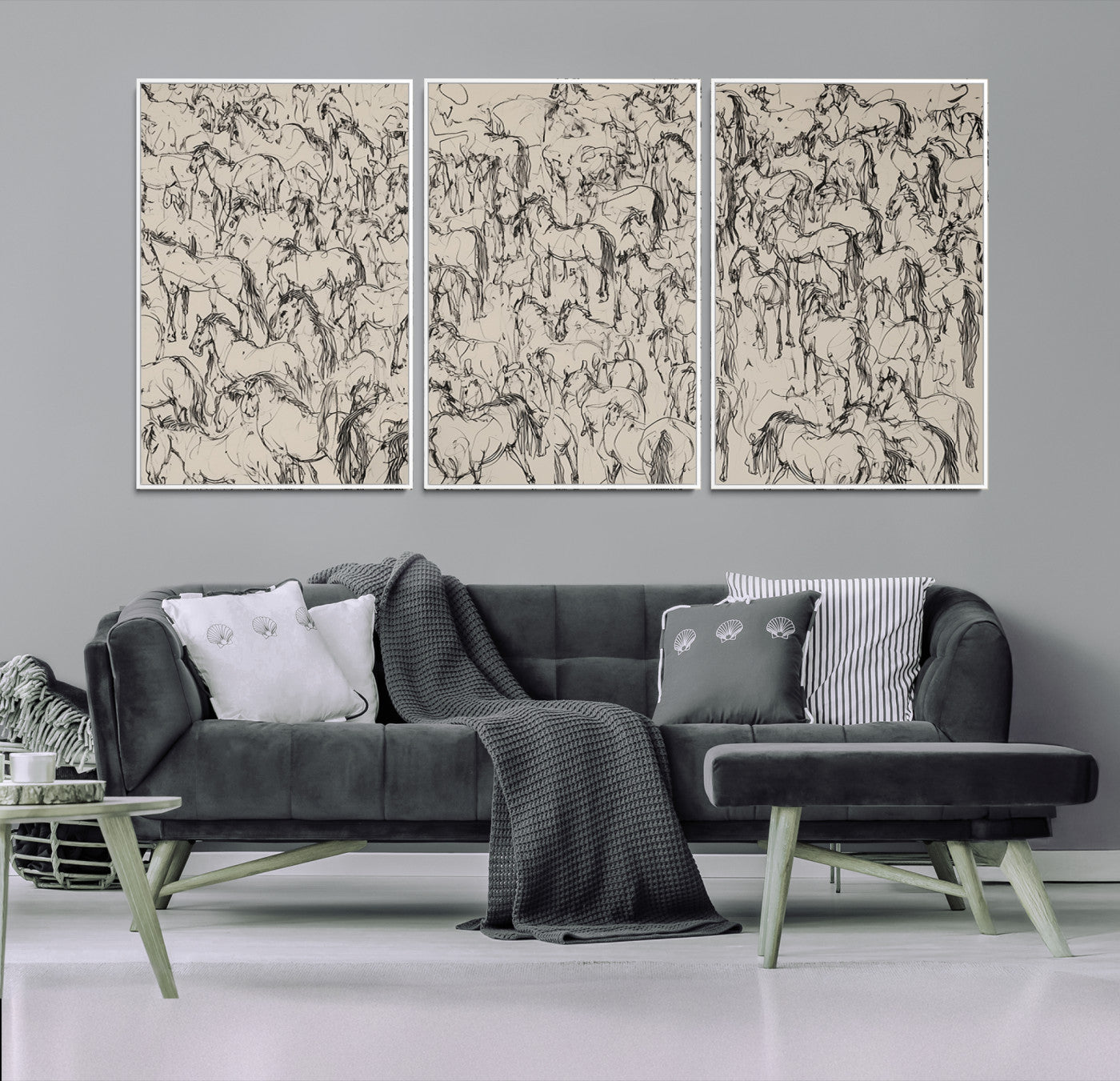 MGV-FC-60X30-3P - Abstract Horse Sketch Wall Art | Ready to Hang and Framed | Farmhouse Wall Decor for Living Room or