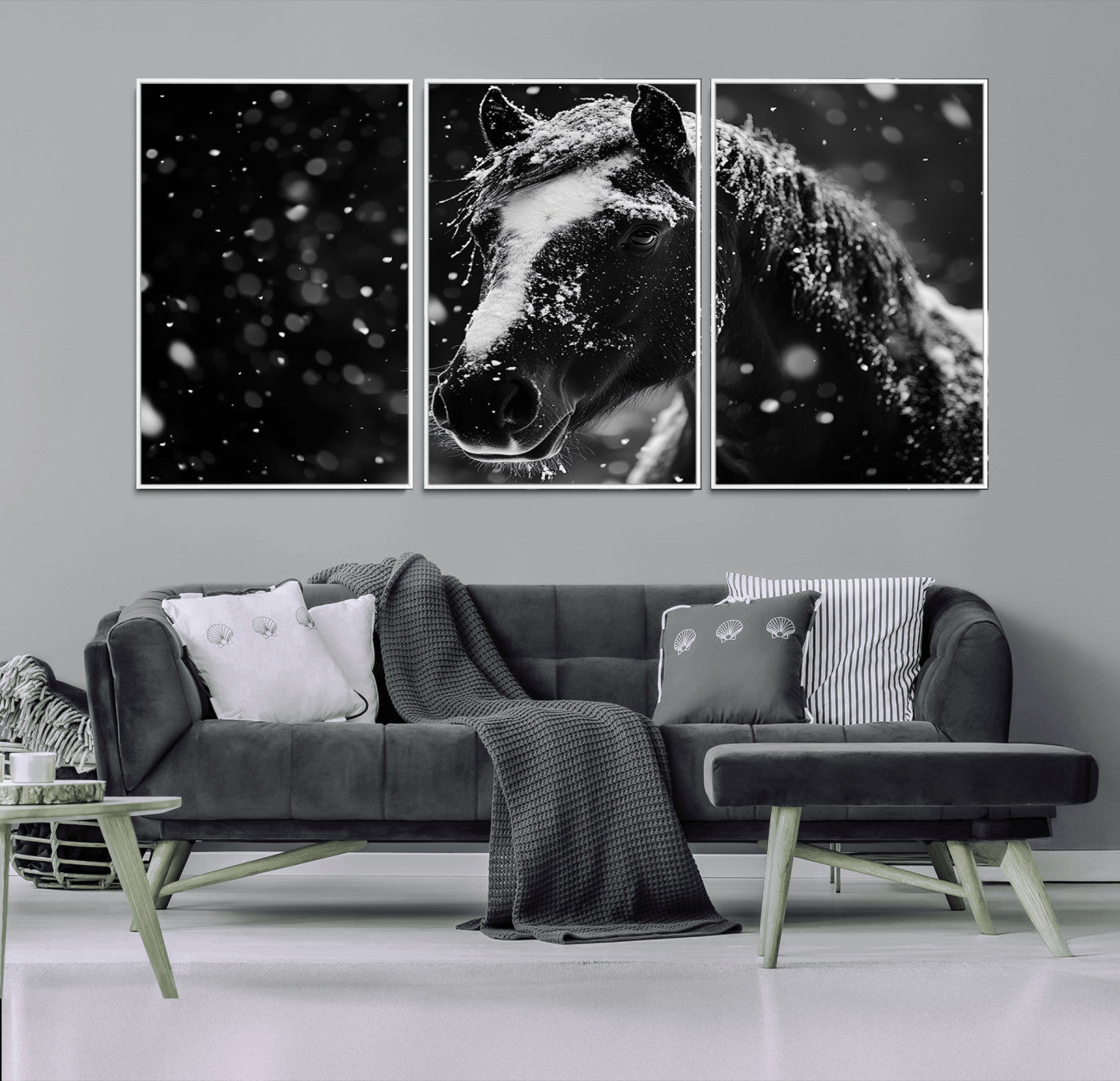 MGV-FC-60X30-3P - Winter Horse Wall Art | Black and White Horse Print | Ready to Hang and Framed | Farmhouse Wall Art