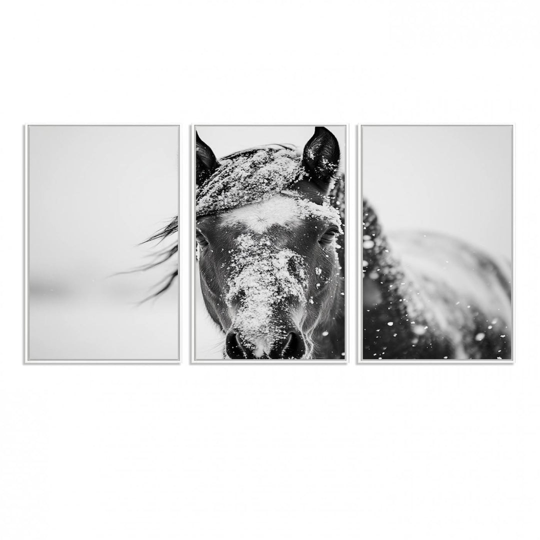 This black and white winter horse wall art enhances any decor; it is ready to hang and framed for a farmhouse or Western style.