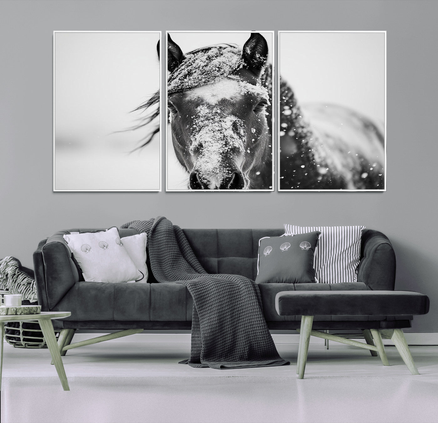 MGV-FC-60X30-3P - Western Wall Art | Black and White Winter Horse Wall Art | Ready to Hang and Framed | Farmhouse and