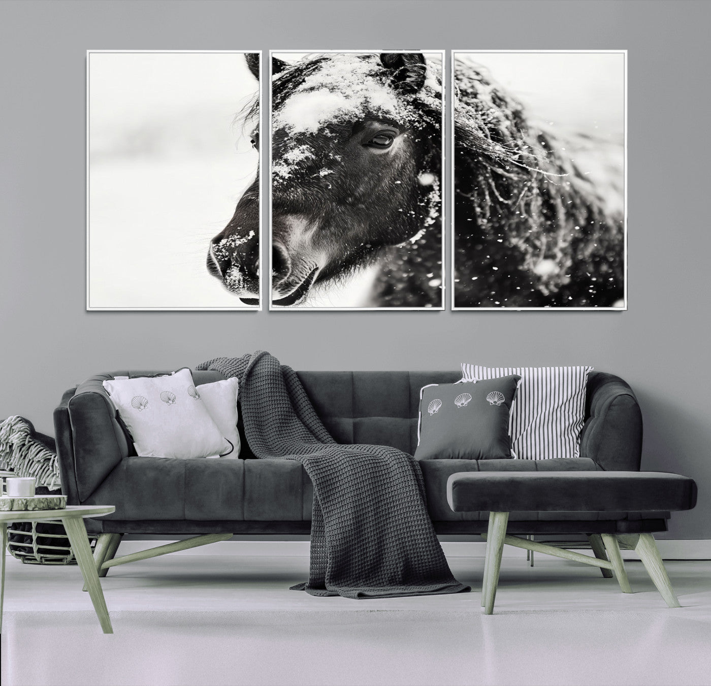 15941-MGV-FC-60X30-3P_White-Framed Black and White Horse Wall Art | Ready to Hang and Framed | Farmhouse and Western Wall Decor