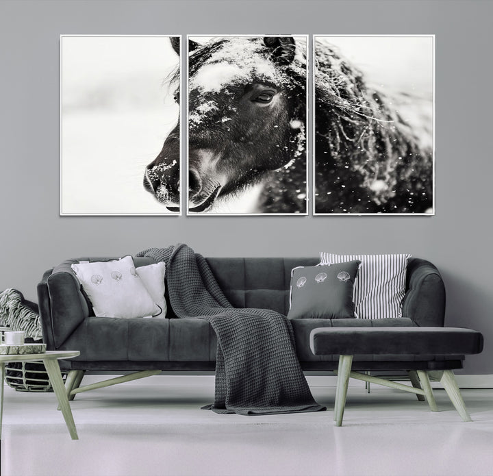 The wall art is a Black and White Horse piece, framed and ready to hang.