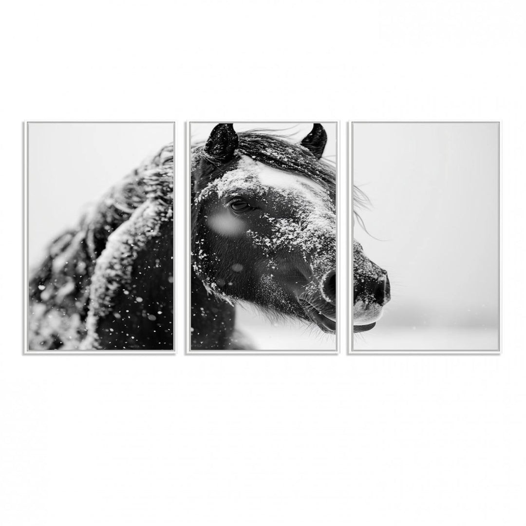 A large 3-panel rustic farmhouse wall art showcases a black and white winter horse canvas print against a snowy backdrop.