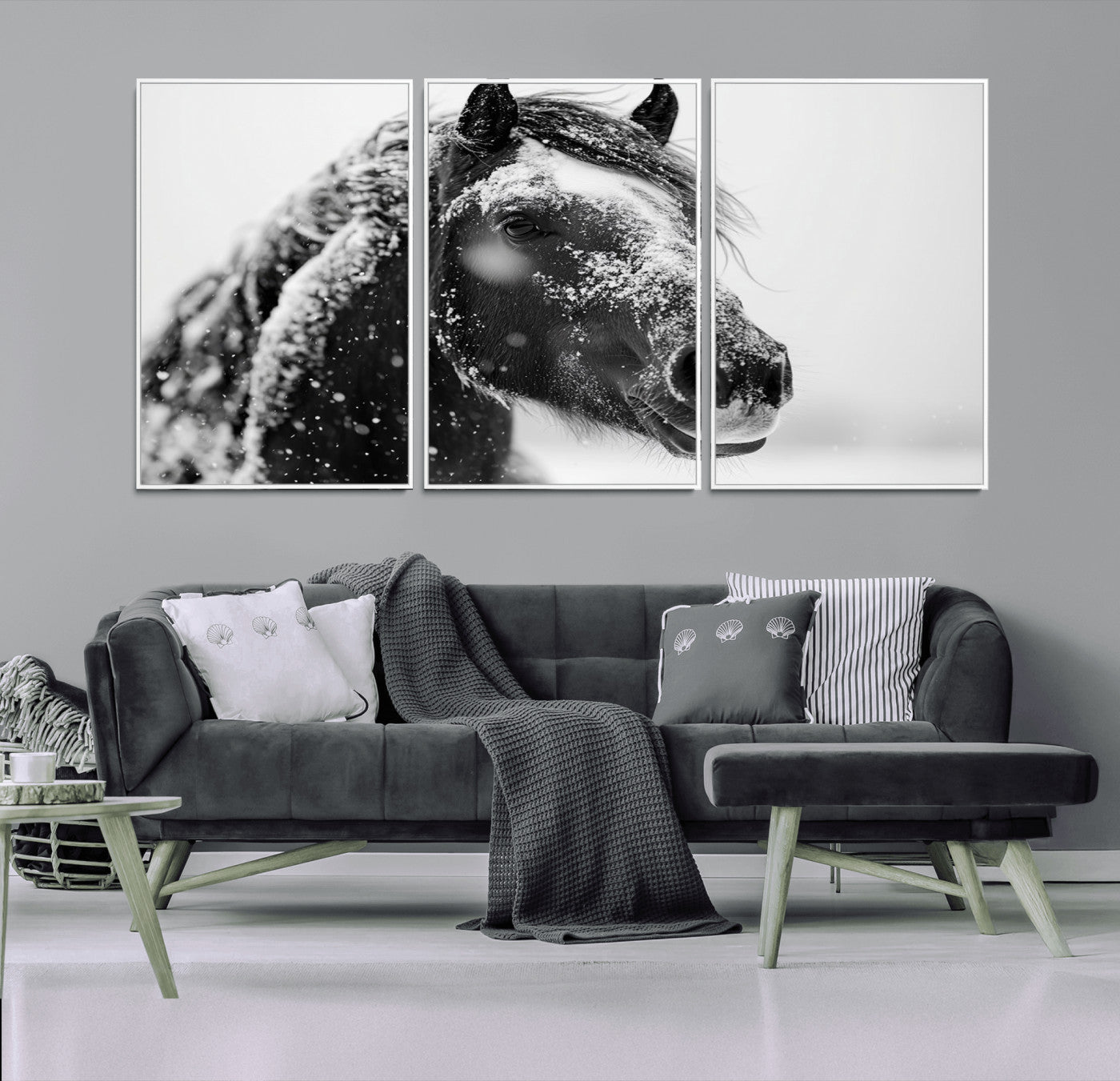 MGV-FC-60X30-3P - Winter Horse Canvas Print | Large 3-Panel Black White Equine Photography for Rustic Farmhouse Wall
