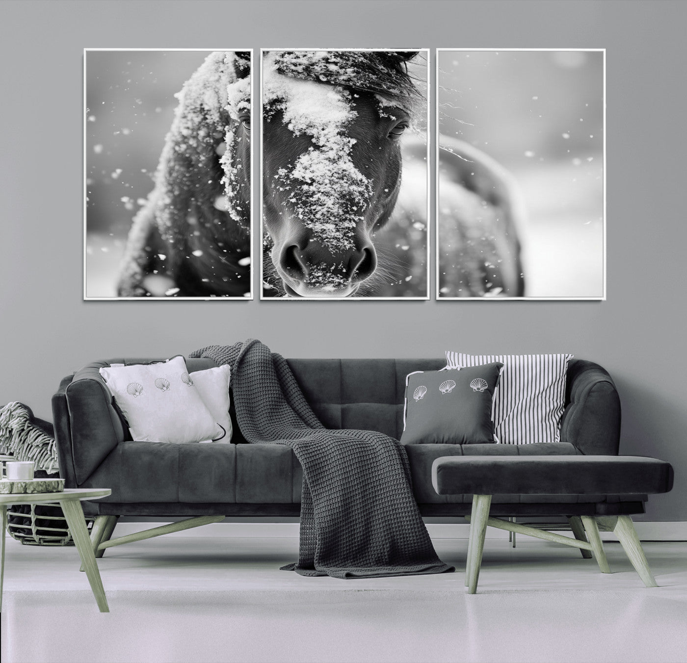 MGV-FC-60X30-3P - Black and White Horse Winter Wall Art | Ready to Hang and Framed | Farmhouse Wall Decor | Western