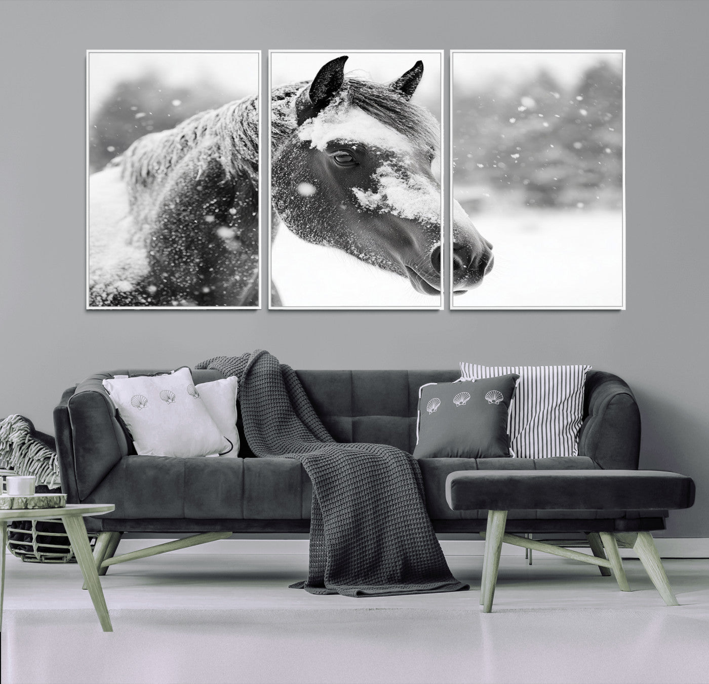 13358-MGV-CV-36X24-Black Horse Winter Wall Art | Ready to Hang and Framed | Farmhouse and Western Wall Decor for Living