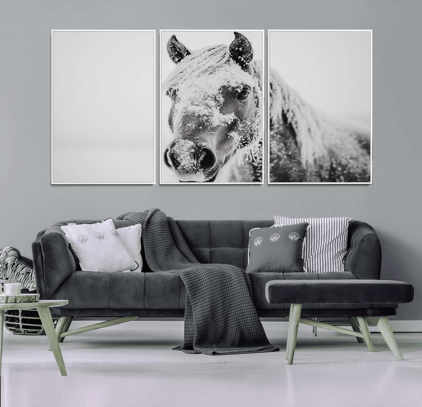 MGV-FC-60X30-3P - White Horse Wall Art | Ready to Hang and Framed | Winter Horse Wall Art Print for Farmhouse and
