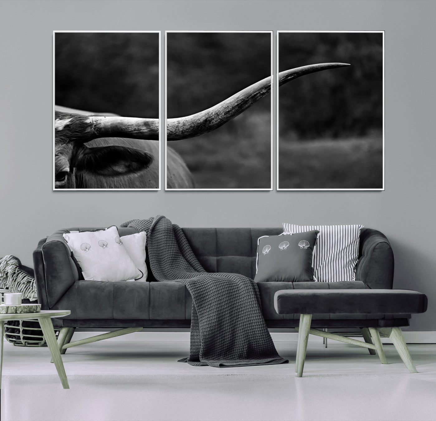 MGV-FC-60X30-3P - Cow Longhorn Wall Art | Black and White Print | Ready to Hang and Framed | Farmhouse Wall Decor |