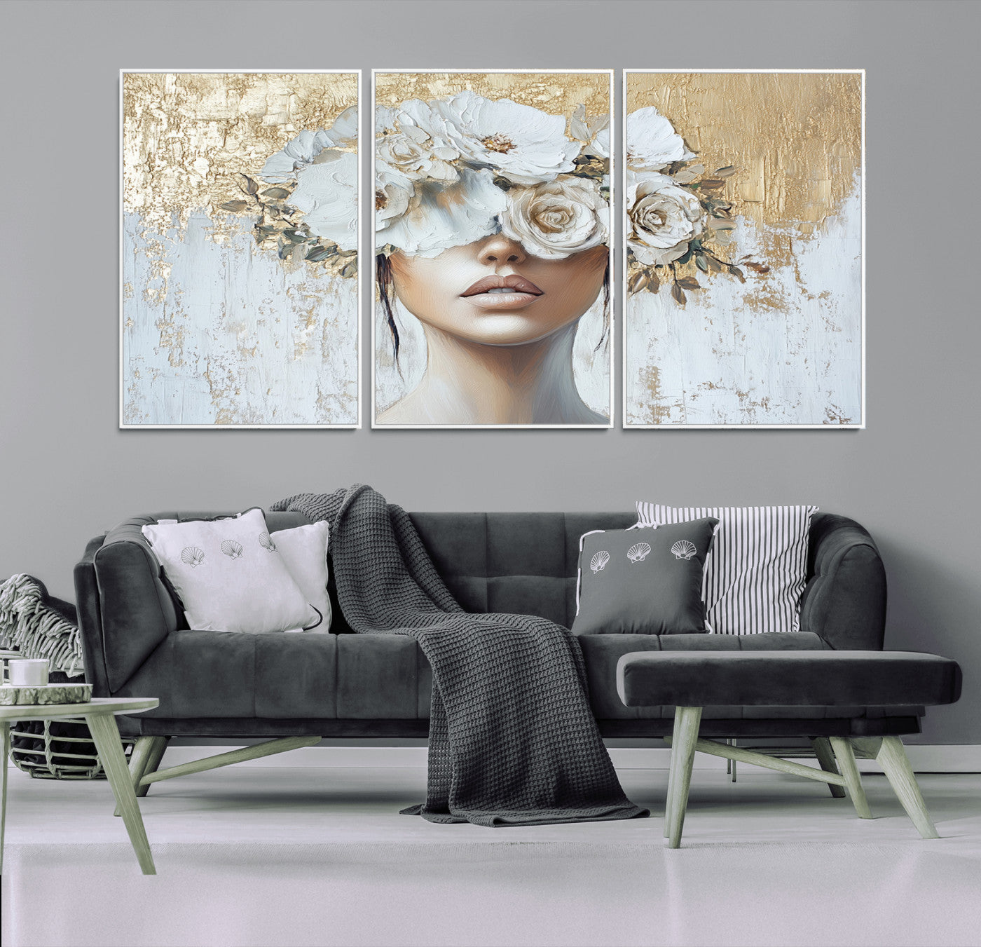 MGV-FC-60X30-3P - Golden Petal Wall Art - Canvas Print Flower Head Woman Painting Floral Woman Portrait Wall Decor,