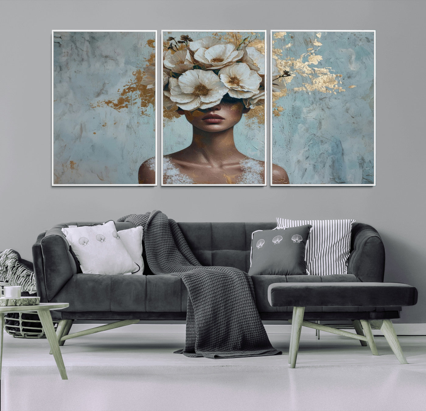 38084-MGV-FC-60X30-3P_White-Golden Petal Wall Art - Petal Silhouette Woman Wall Art Canvas Print | Large 3-Panel Canvas with
