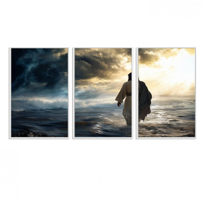 A dramatic sky serves as the backdrop for the Jesus Walking on Water wall art, a perfect piece for Christian home decor.