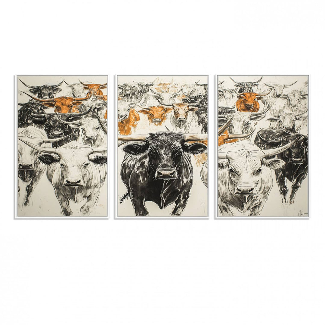 Texas Longhorn Wall Art canvas features cattle artwork with an abstract design, perfect for farmhouse decor on a porch.