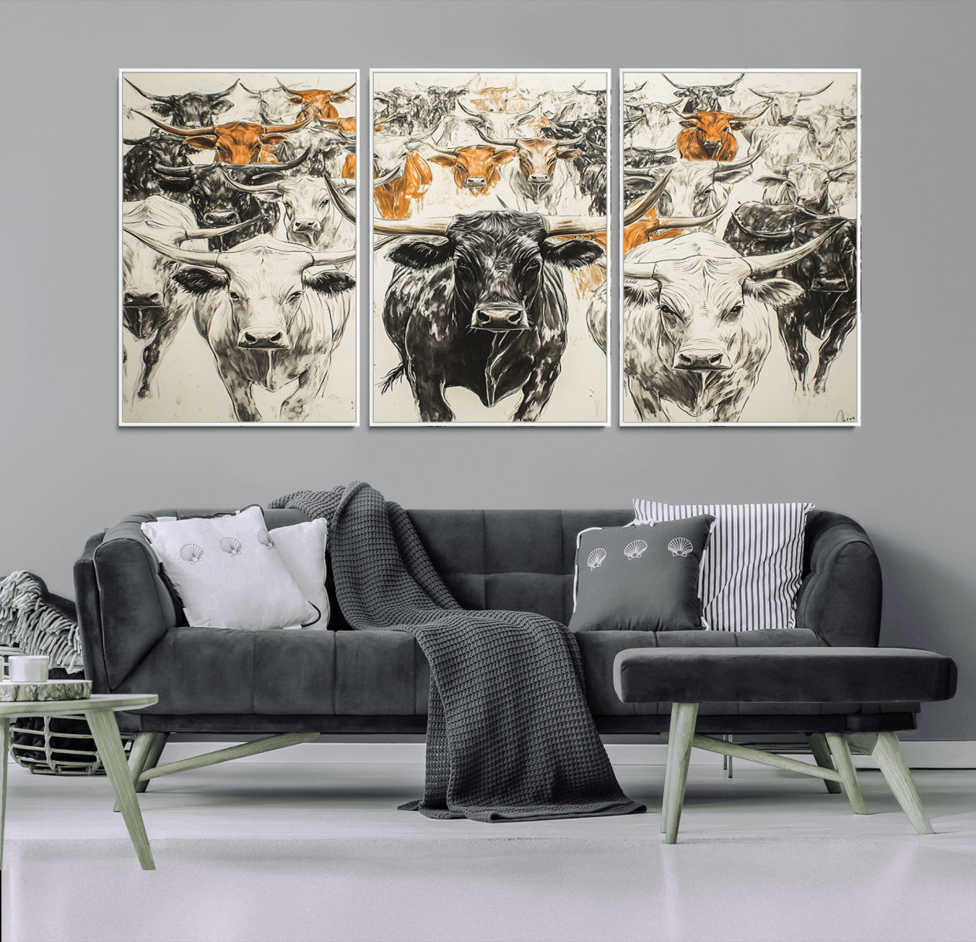 MGV-FC-60X30-3P - Farmhouse Wall Art | Western Longhorn Cattle Canvas Print | Ready to Hang and Framed Barn Decor