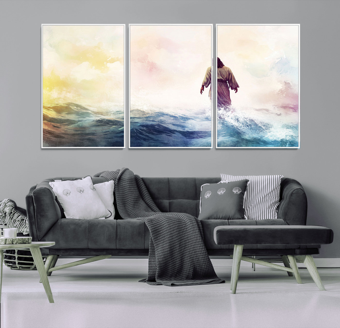 MGV-FC-60X30-3P - Watercolor Jesus Walking on Water Canvas Print, Christian Wall Art, Jesus Christ Walking
